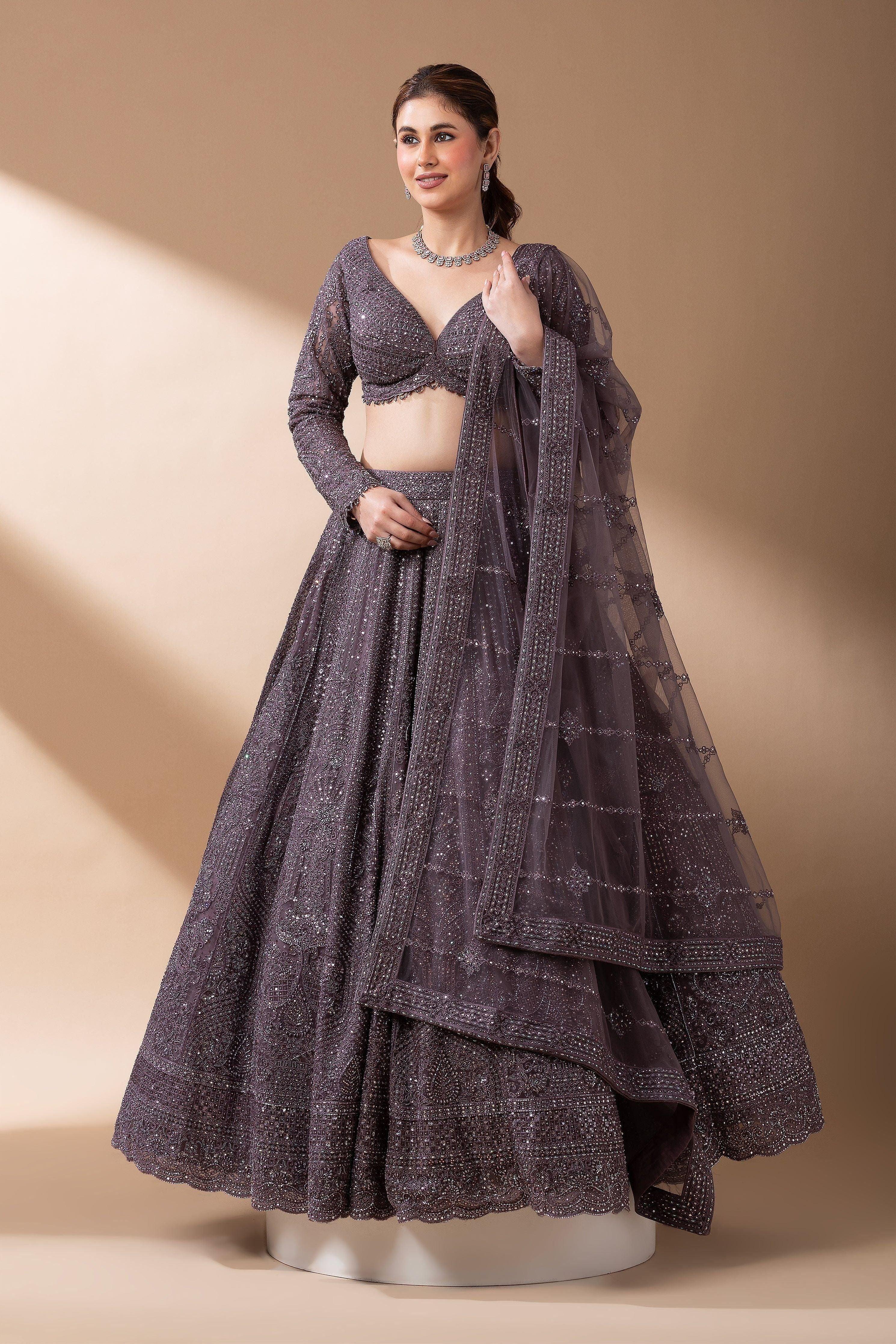 Smoky Mauve Net Lehenga Set - Mokshaa
