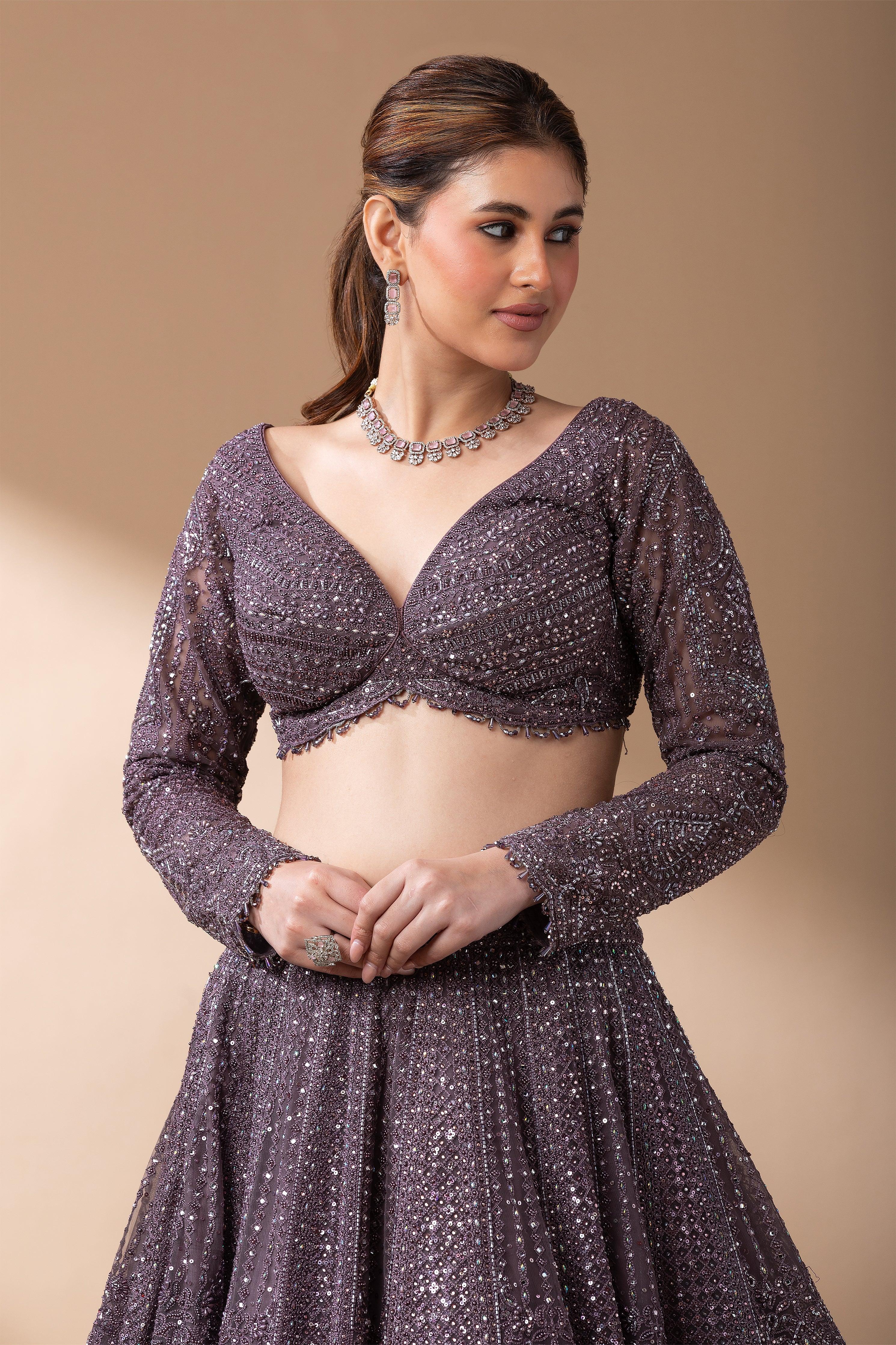 Smoky Mauve Net Lehenga Set - Mokshaa