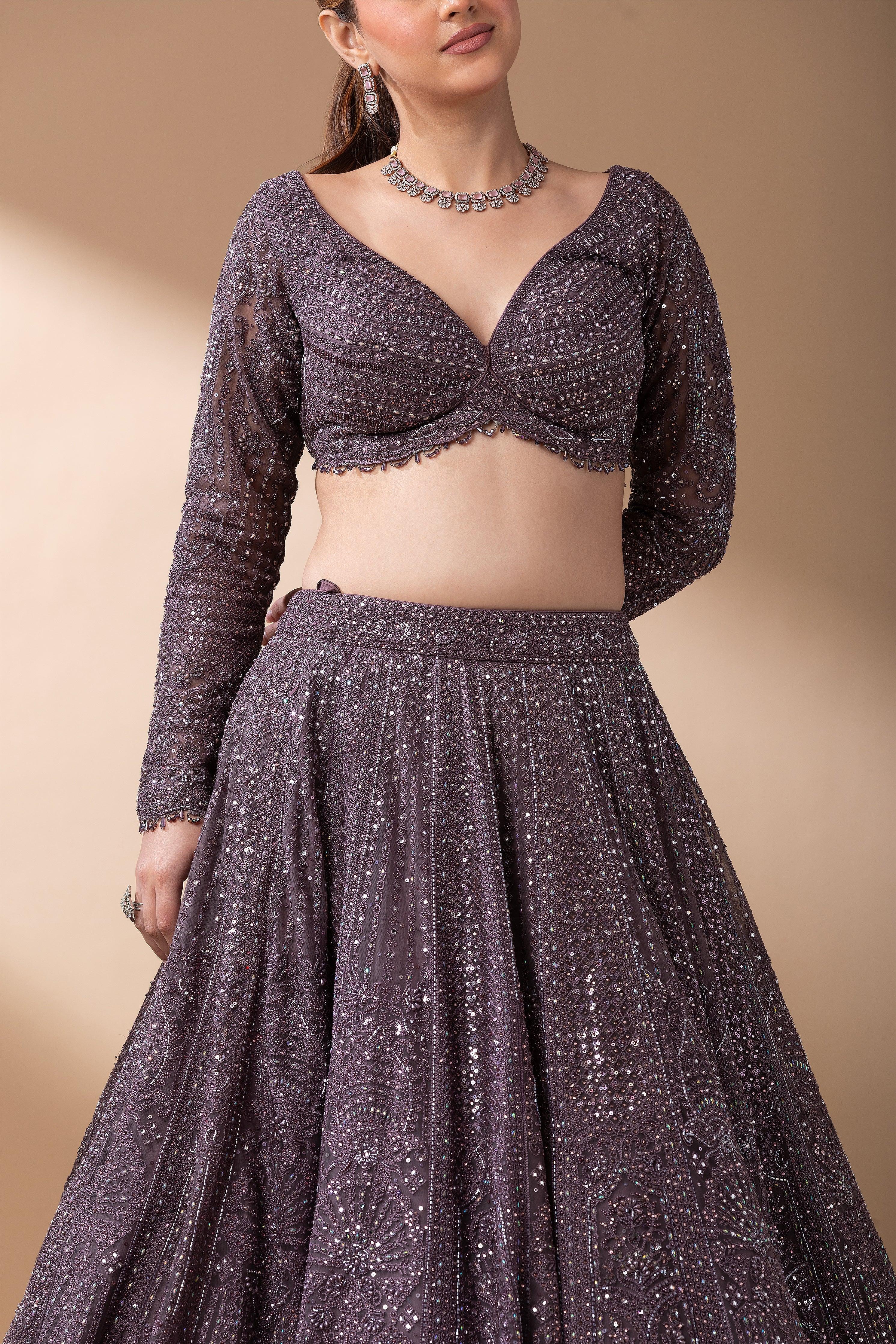 Smoky Mauve Net Lehenga Set - Mokshaa
