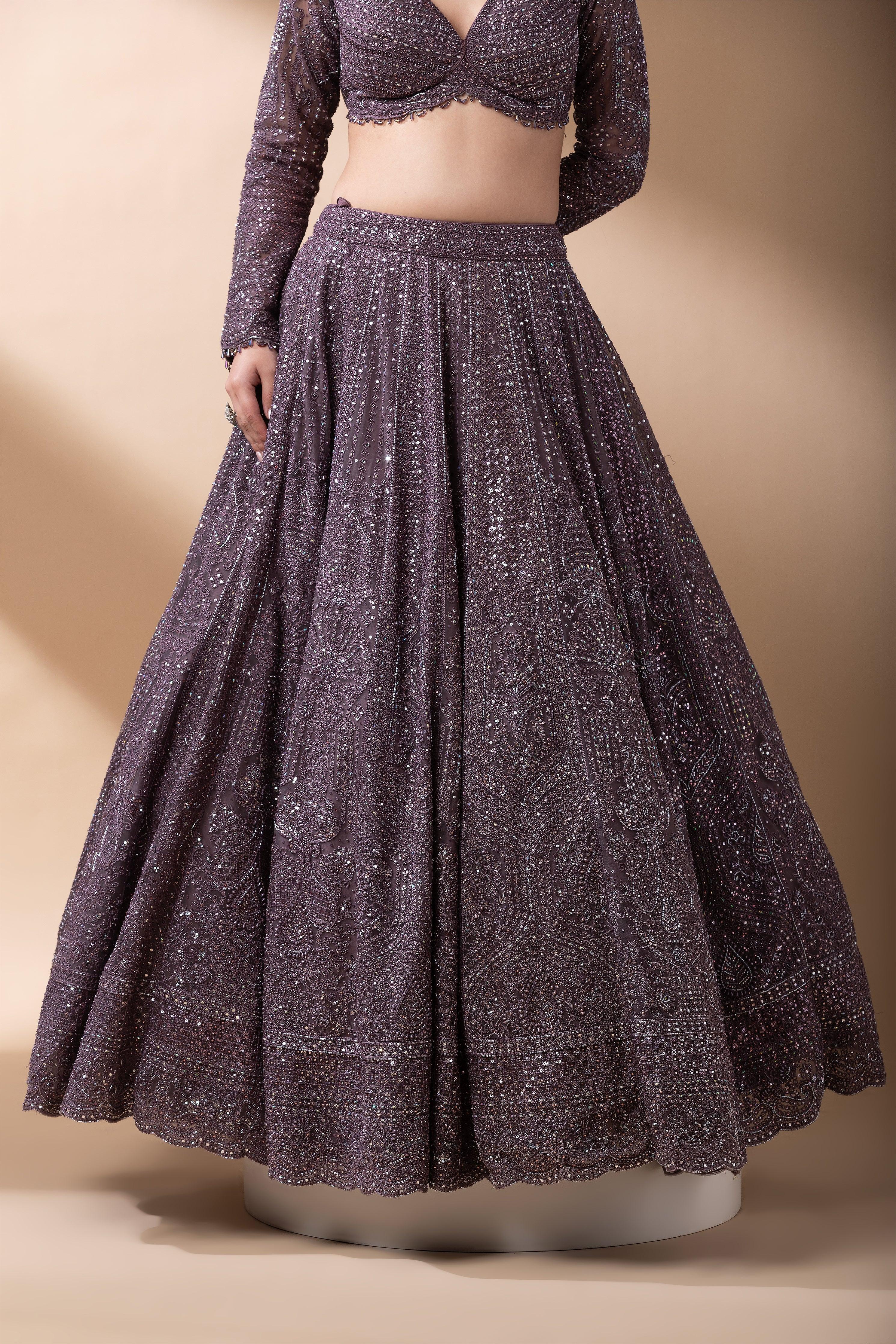 Smoky Mauve Net Lehenga Set - Mokshaa
