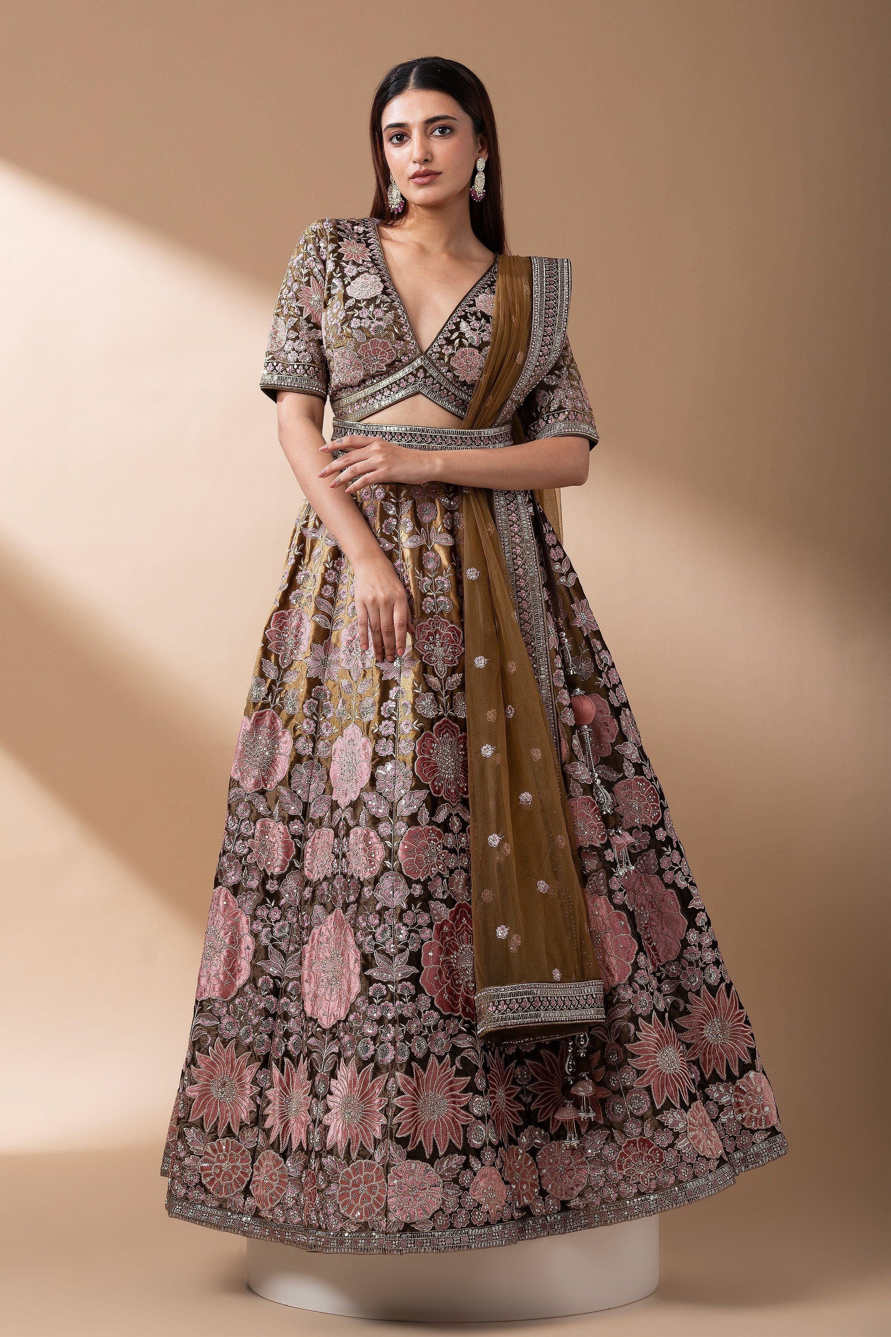 Deep brown Vintage Floral velvet Embroidered Lehenga set - Mokshaa