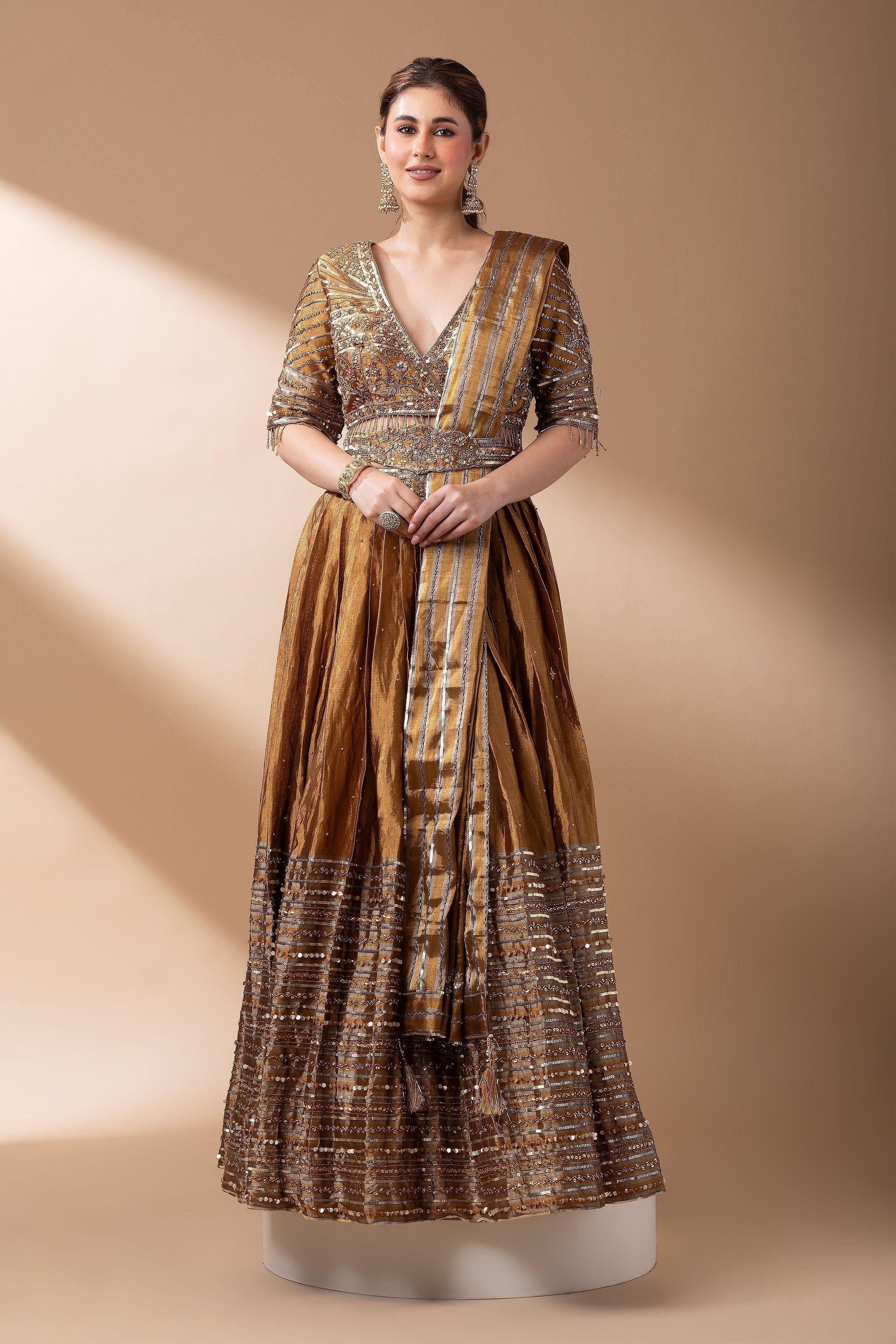 Antique Gold Mirror Work Lehenga Set - Mokshaa