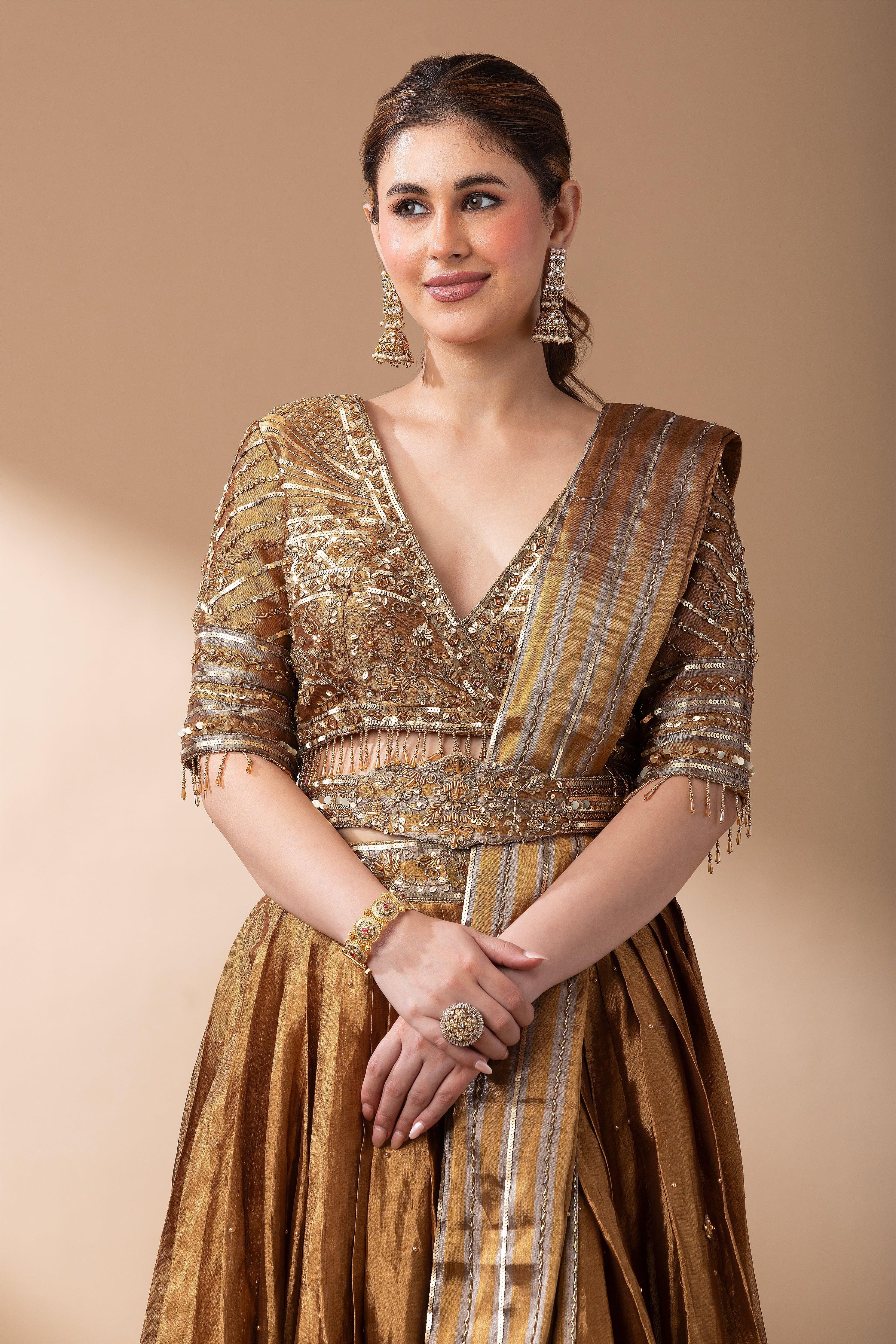 Antique Gold Mirror Work Lehenga Set - Mokshaa