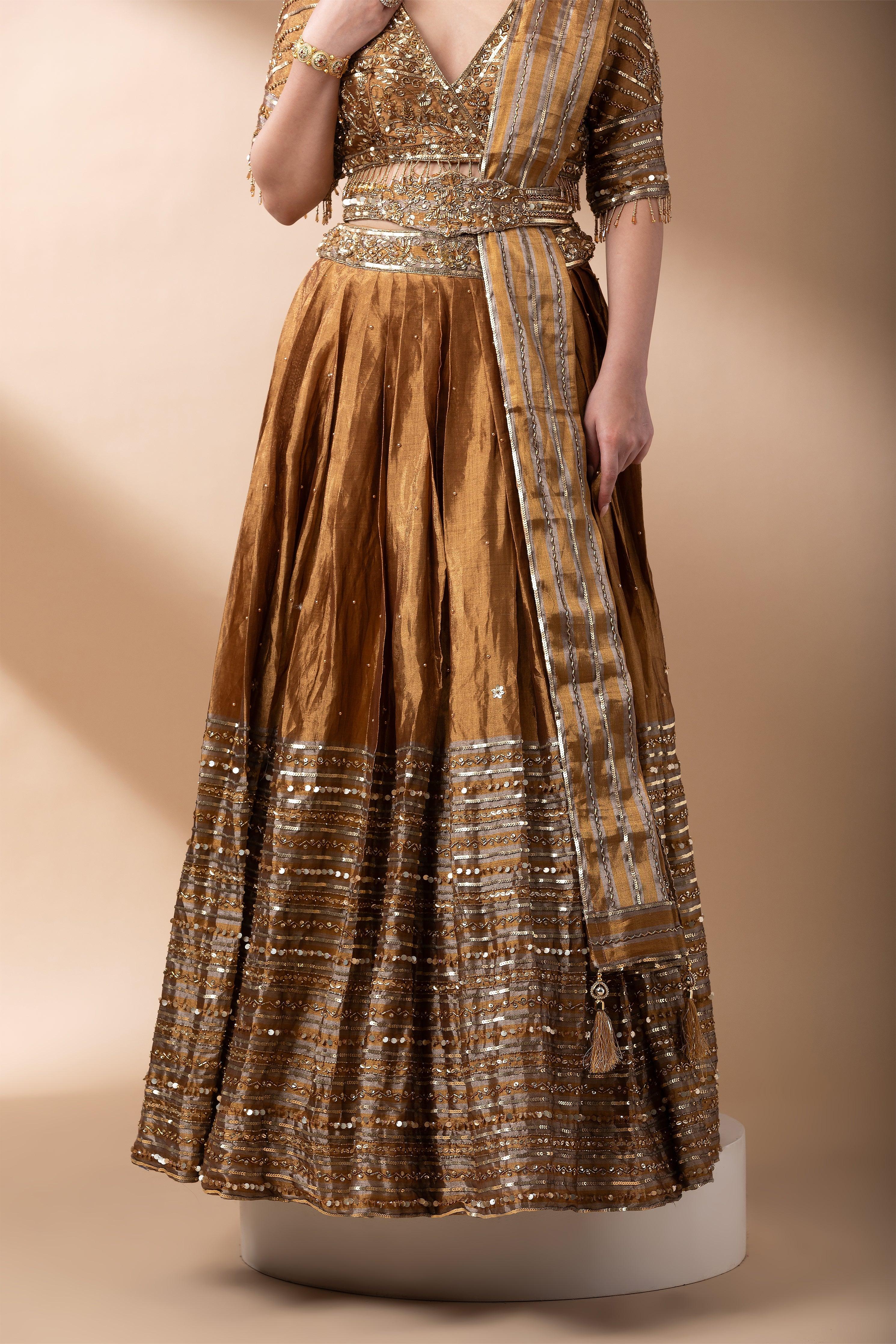 Antique Gold Mirror Work Lehenga Set - Mokshaa