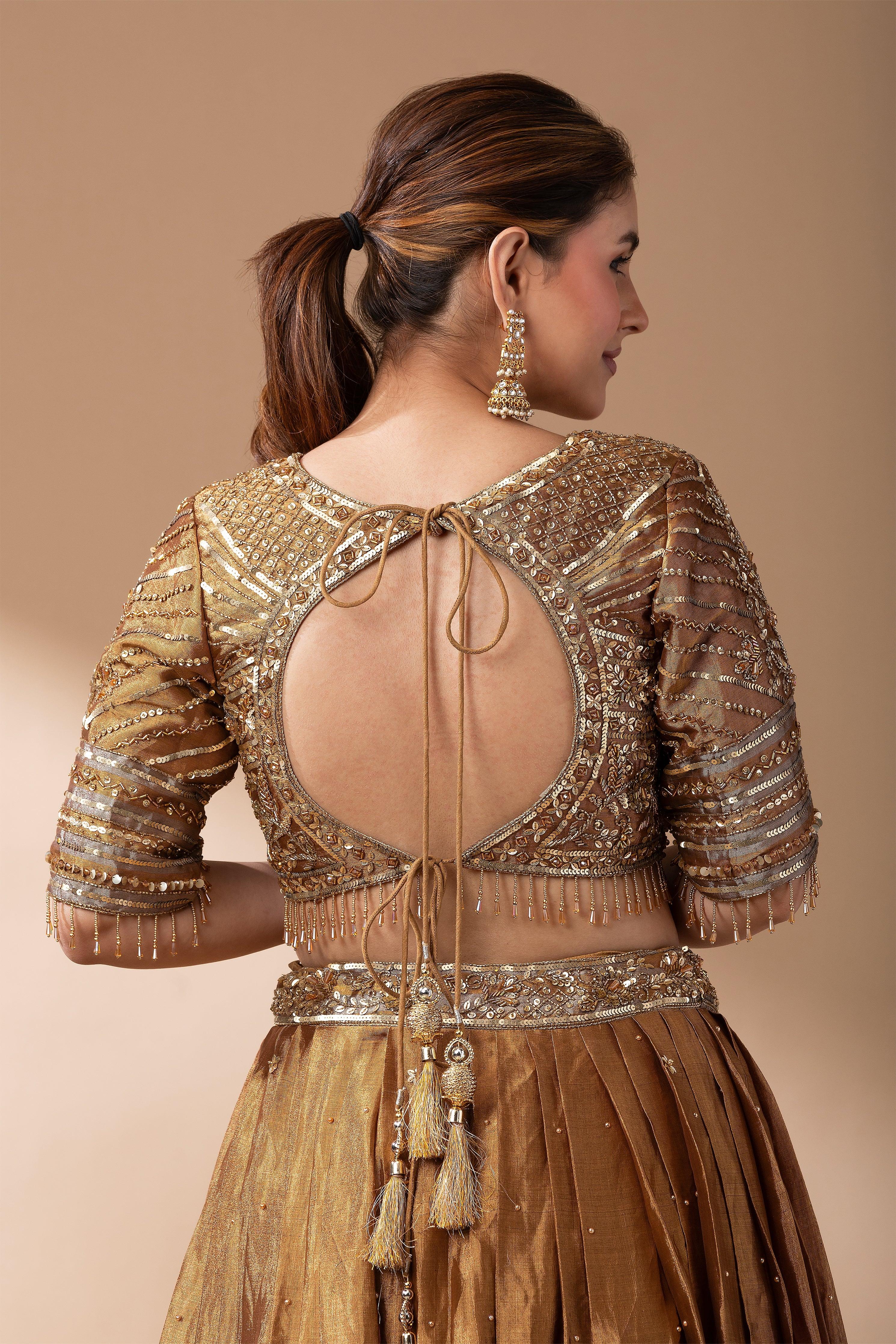 Antique Gold Mirror Work Lehenga Set - Mokshaa