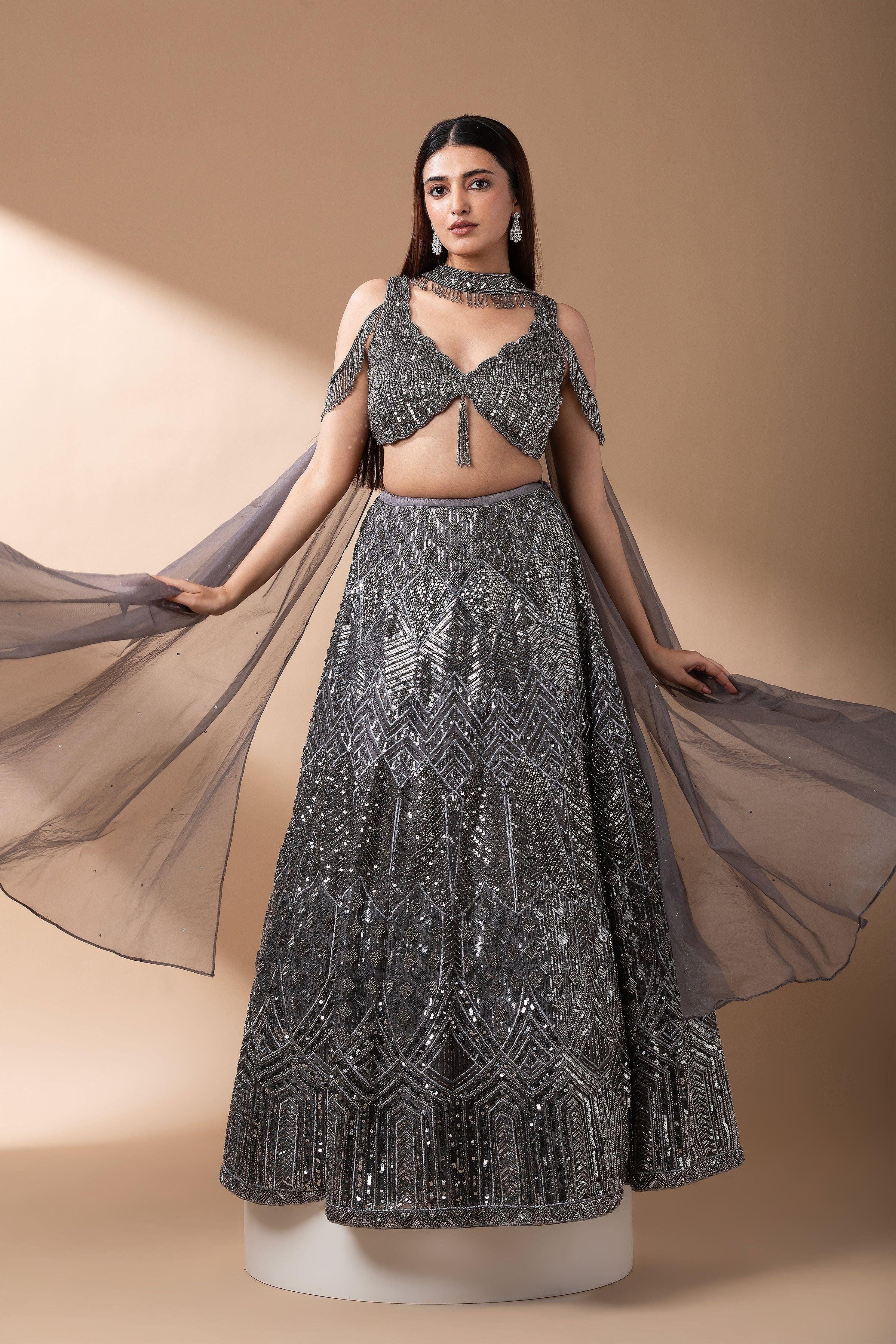 Midnight Grey Sequined Lehenga Set - Mokshaa