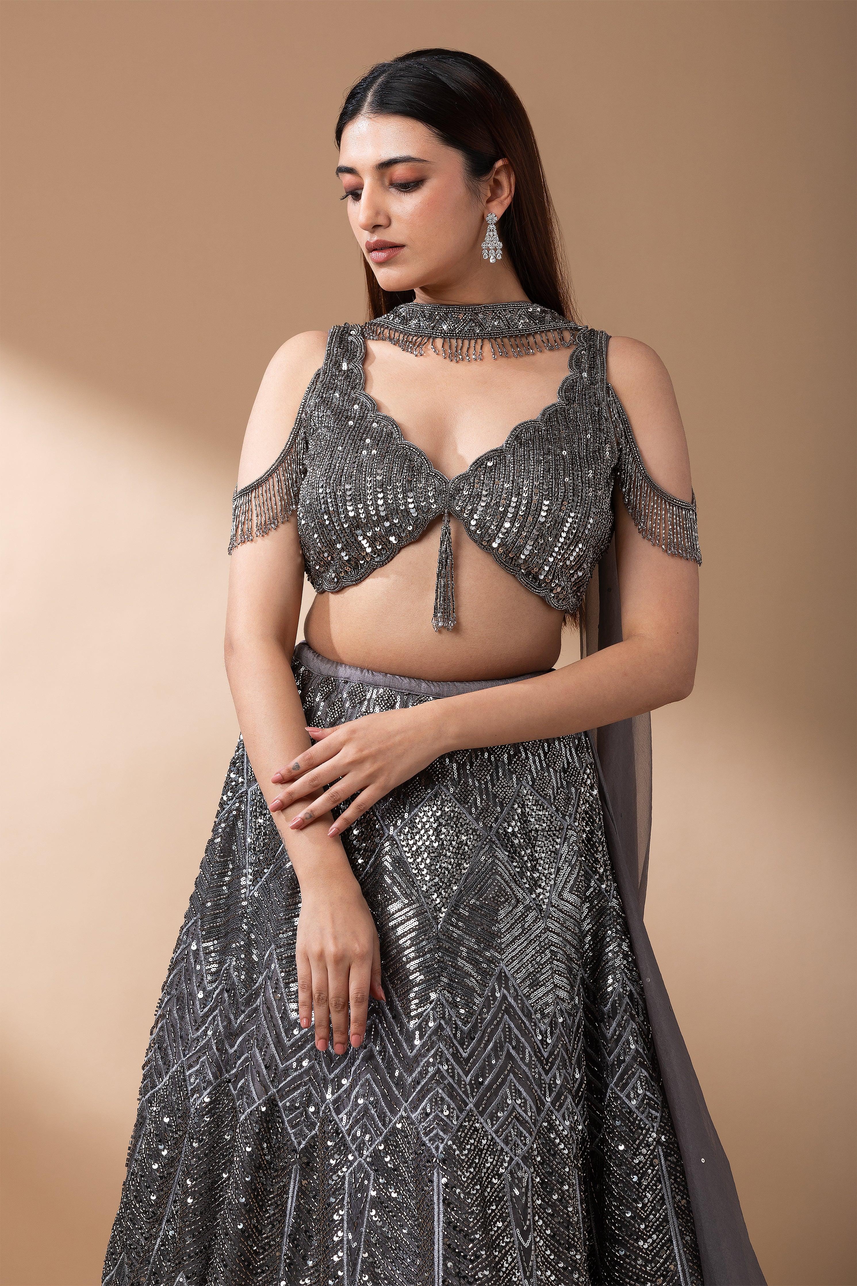 Midnight Grey Sequined Lehenga Set - Mokshaa