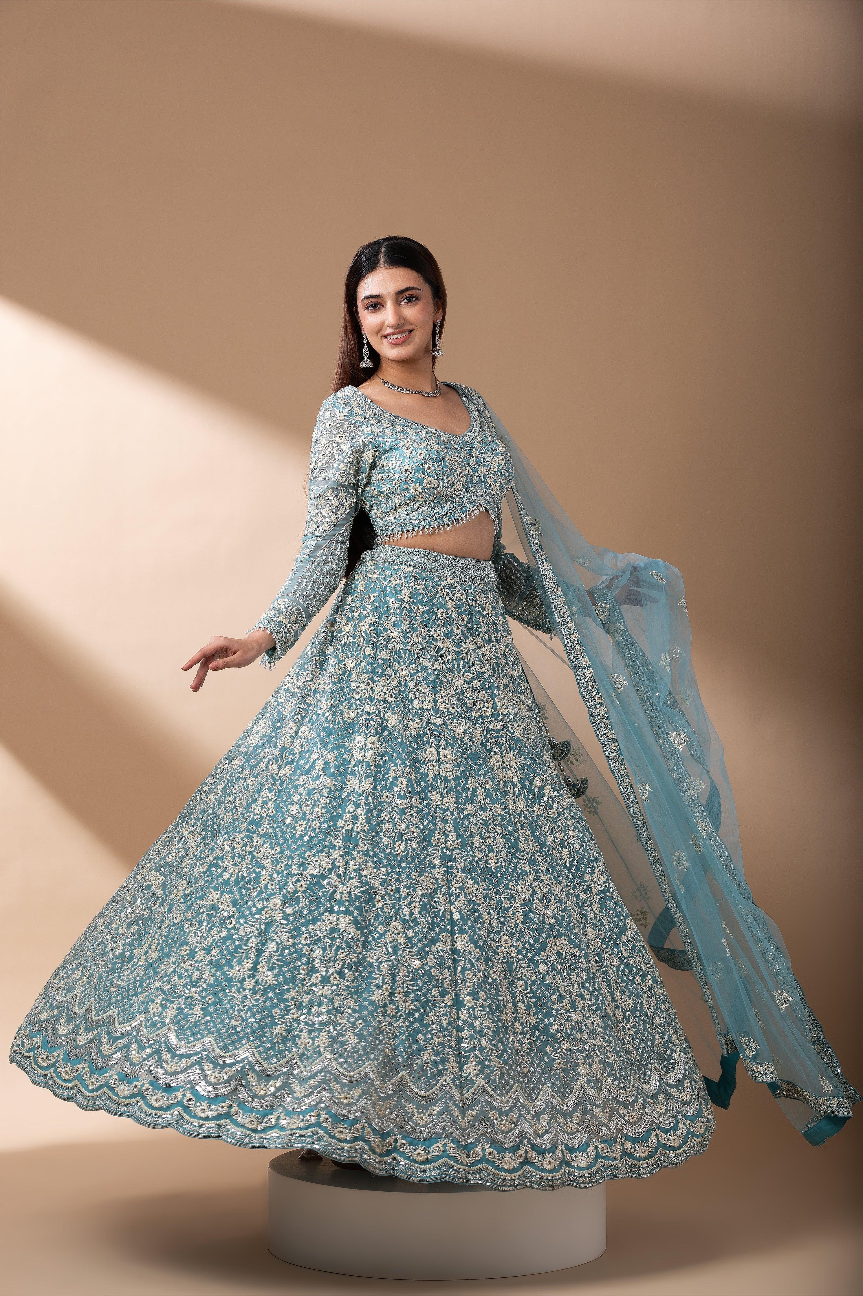 Aqua Blue Embroidered Net Lehenga Set - Mokshaa