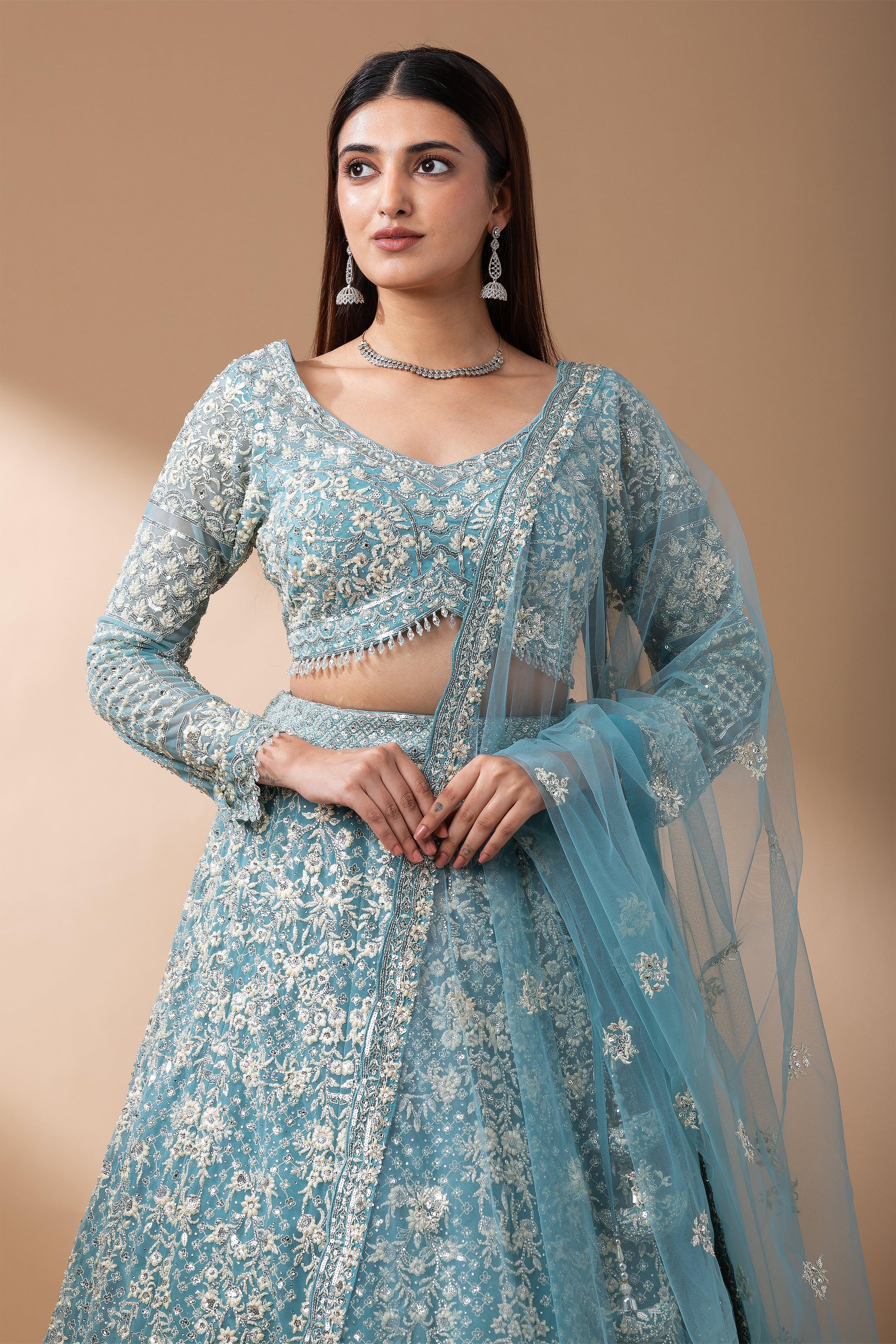 Aqua Blue Embroidered Net Lehenga Set - Mokshaa