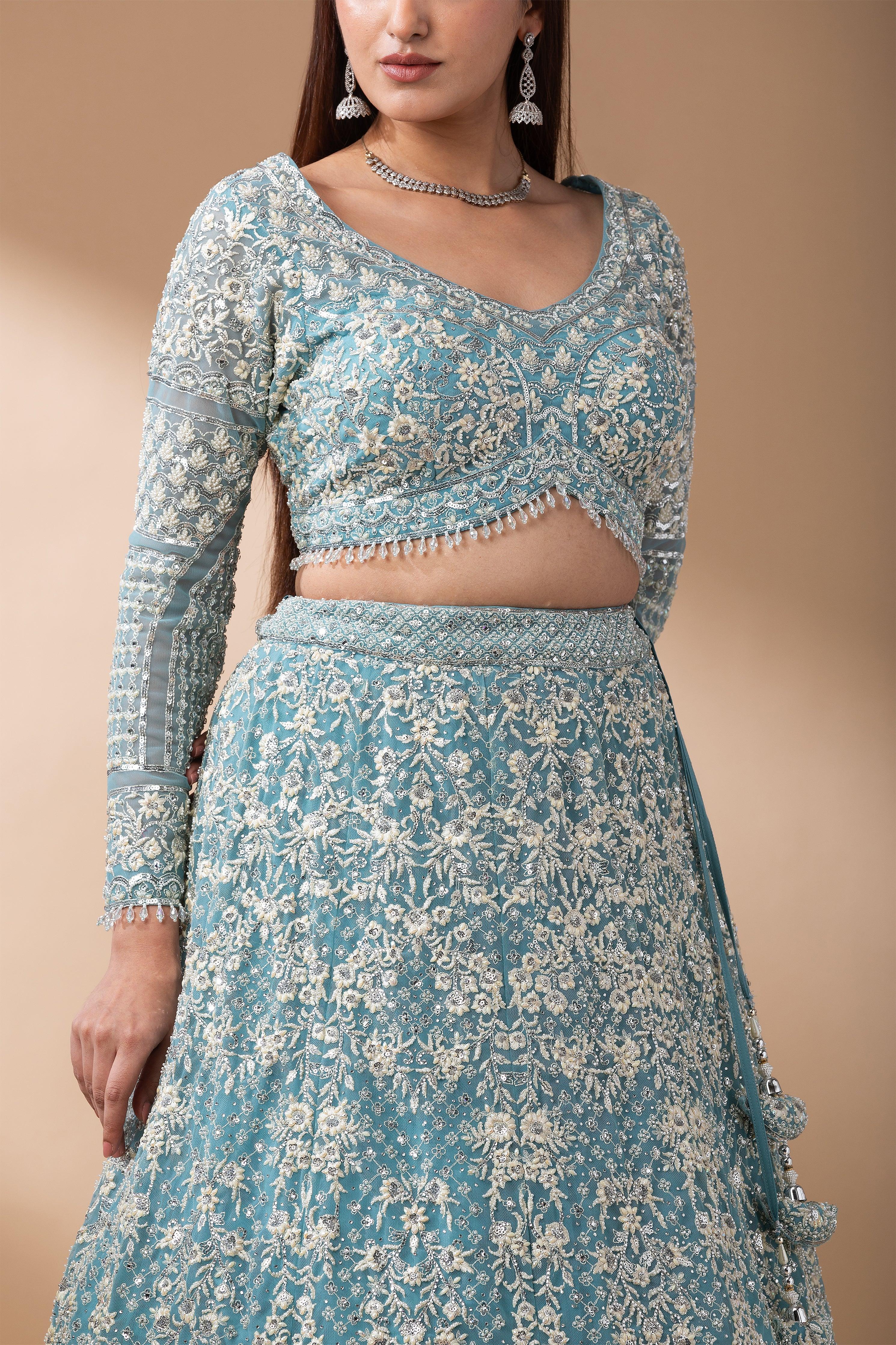 Aqua Blue Embroidered Net Lehenga Set - Mokshaa