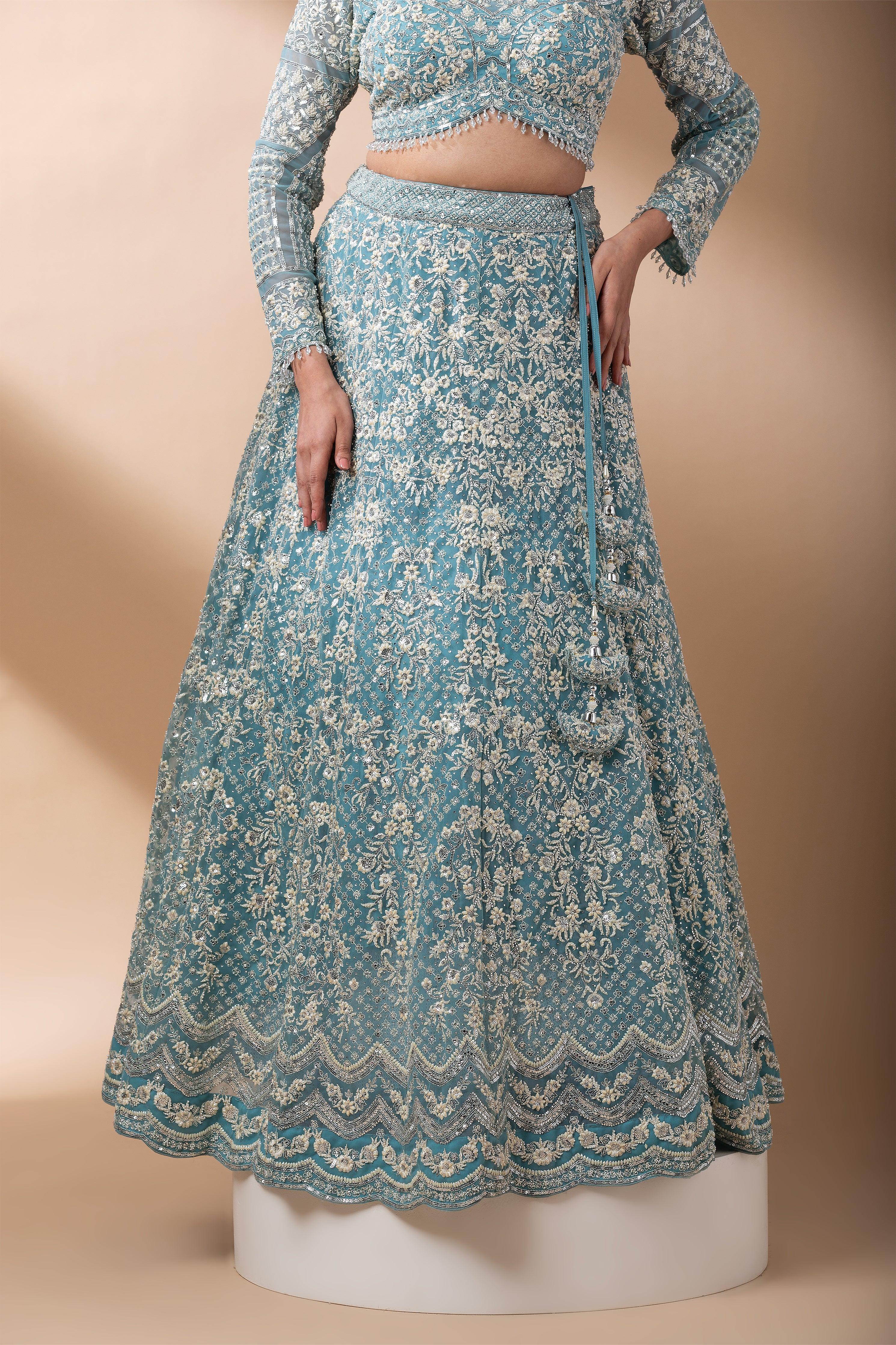 Aqua Blue Embroidered Net Lehenga Set - Mokshaa