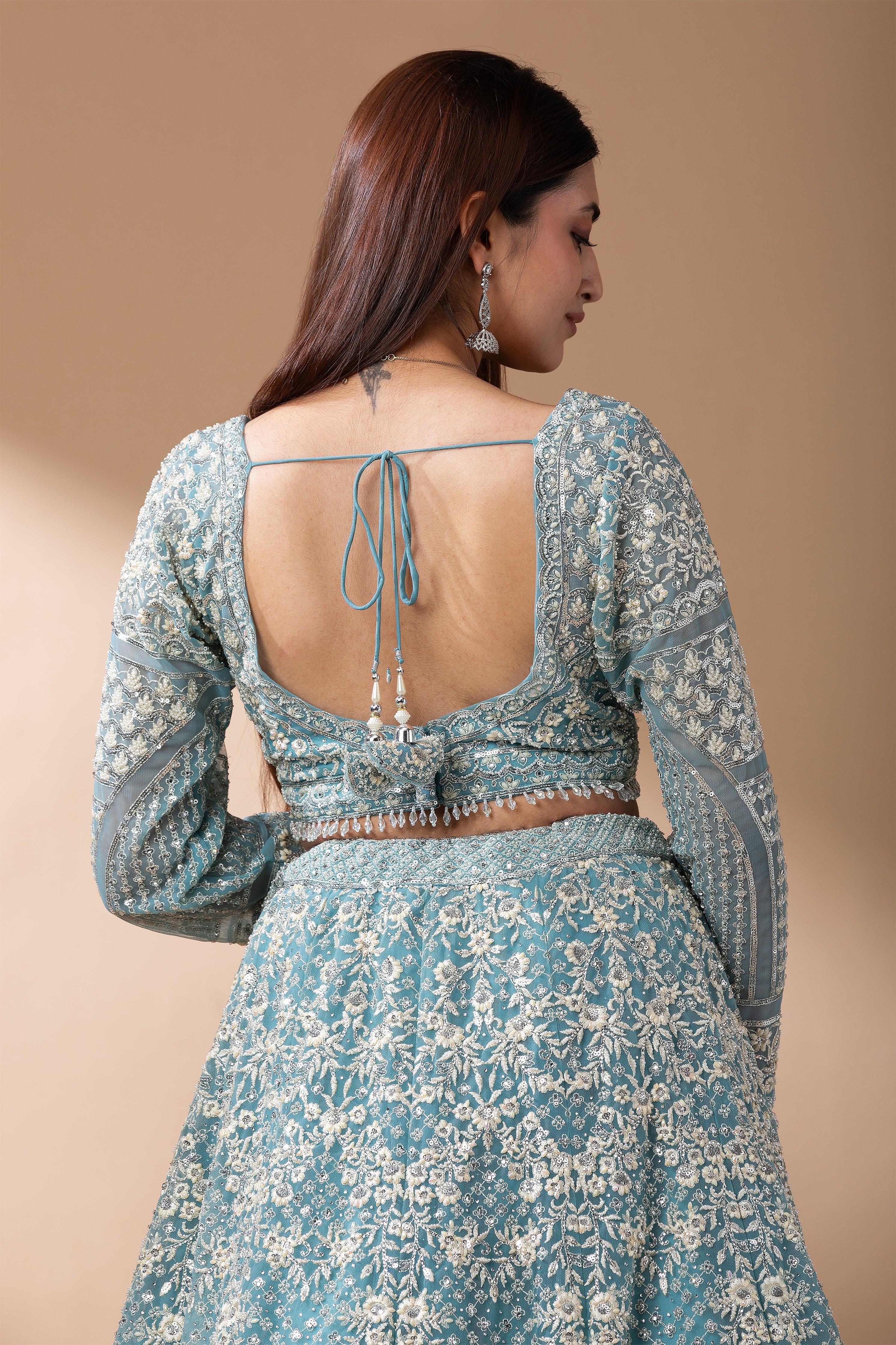 Aqua Blue Embroidered Net Lehenga Set - Mokshaa