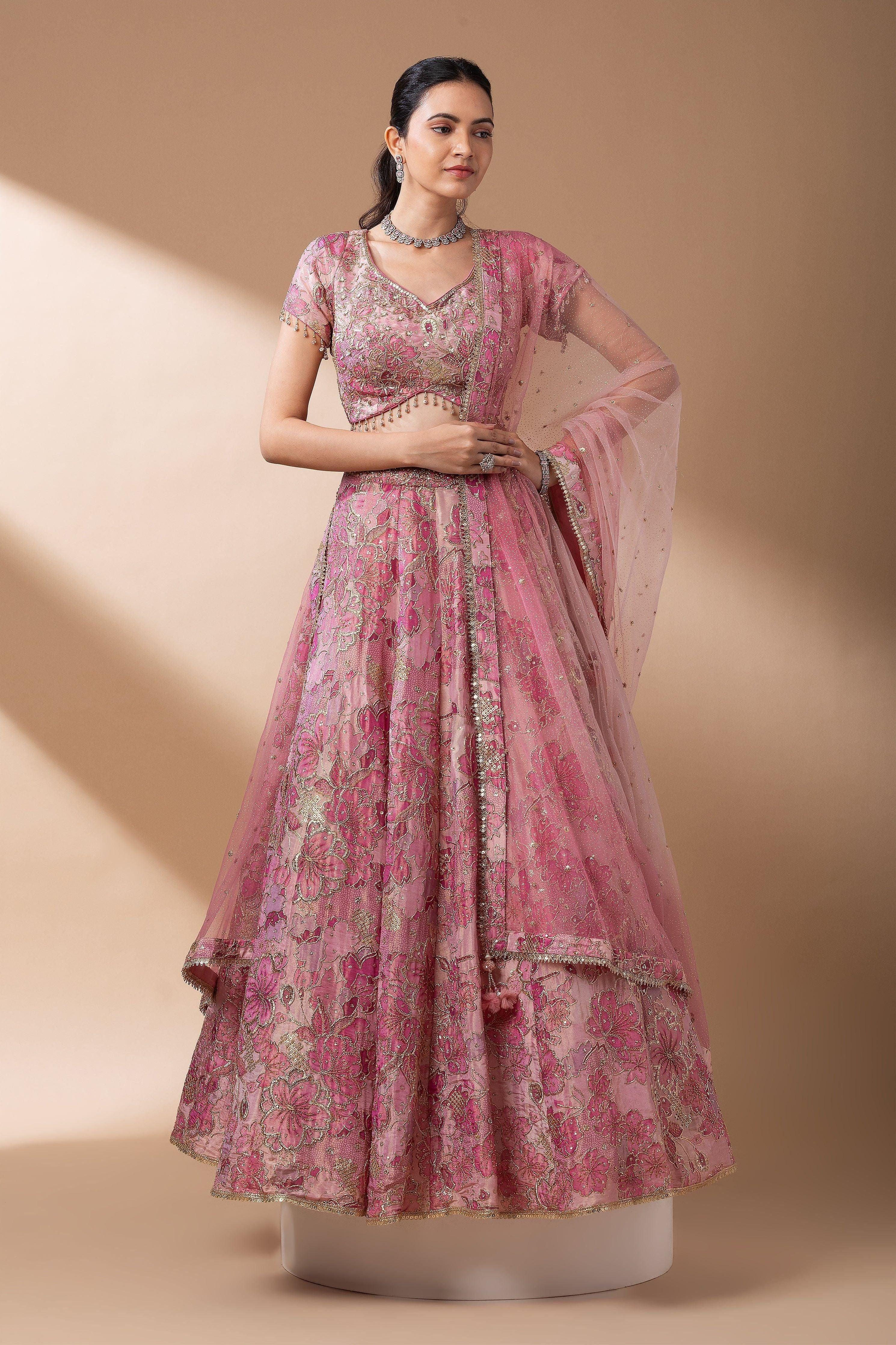 Blush Pink Floral Embroidered Lehenga Set - Mokshaa