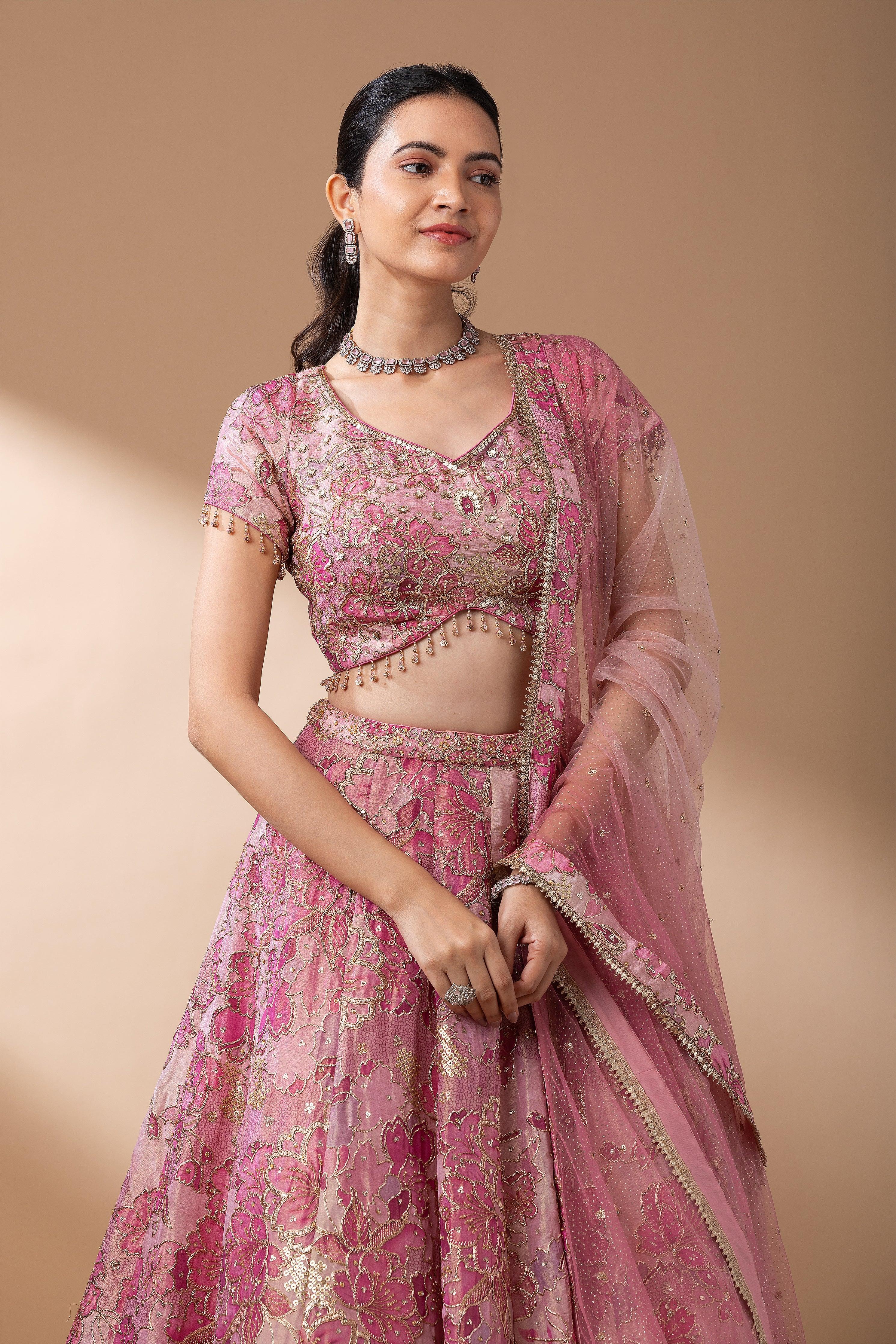 Blush Pink Floral Embroidered Lehenga Set - Mokshaa