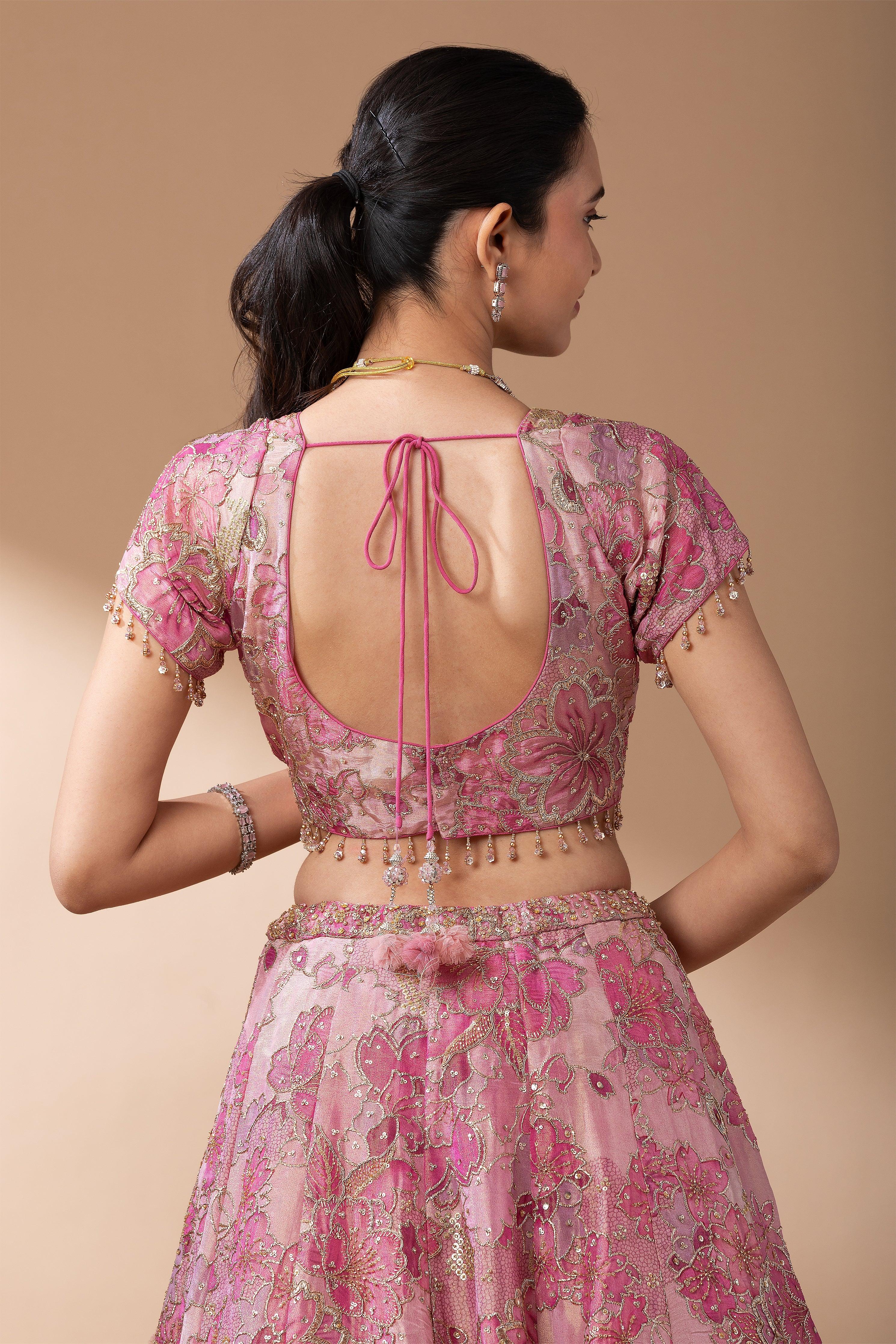 Blush Pink Floral Embroidered Lehenga Set - Mokshaa