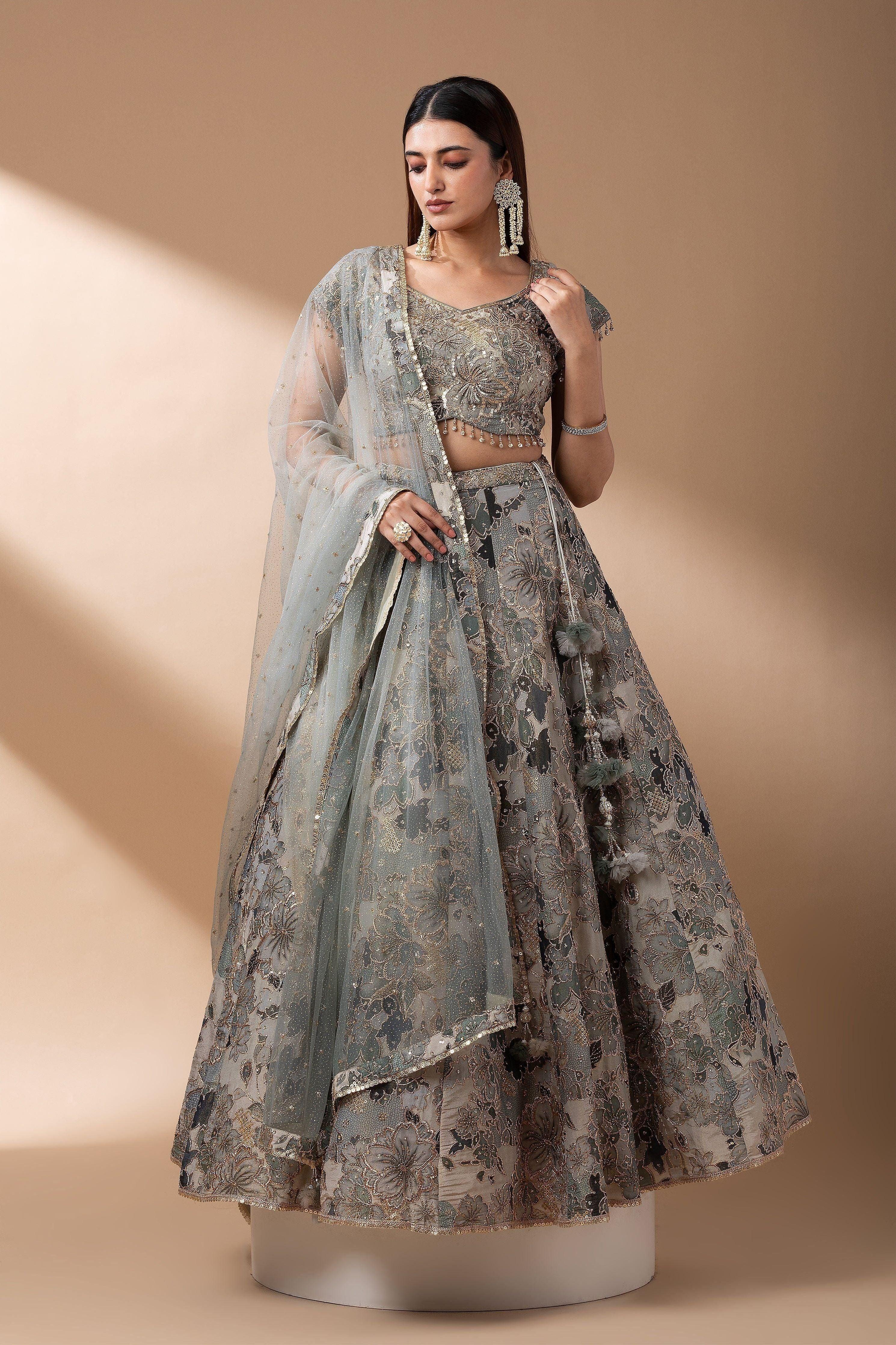Sage Green Floral Embroidered Lehenga Set - Mokshaa