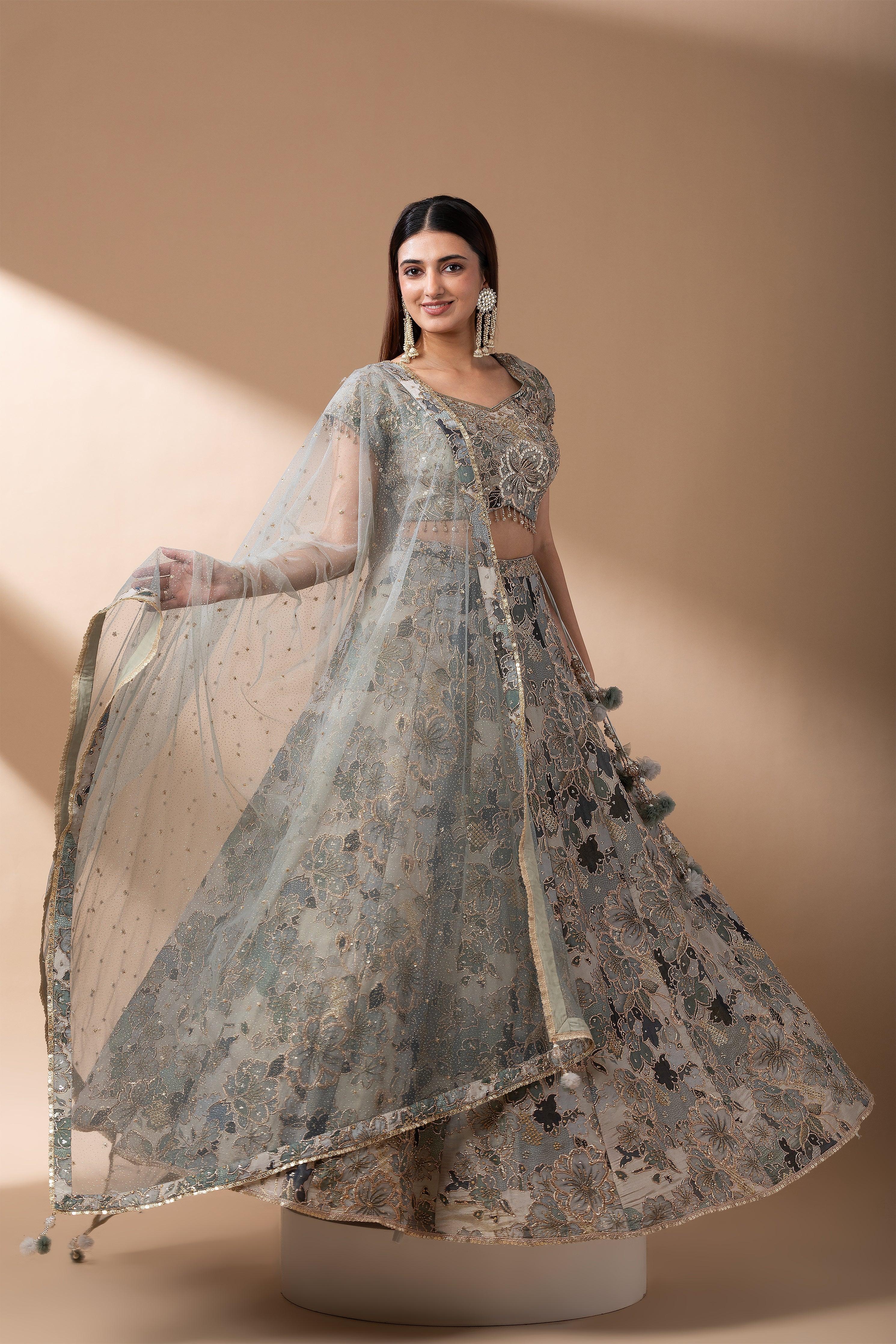 Sage Green Floral Embroidered Lehenga Set - Mokshaa
