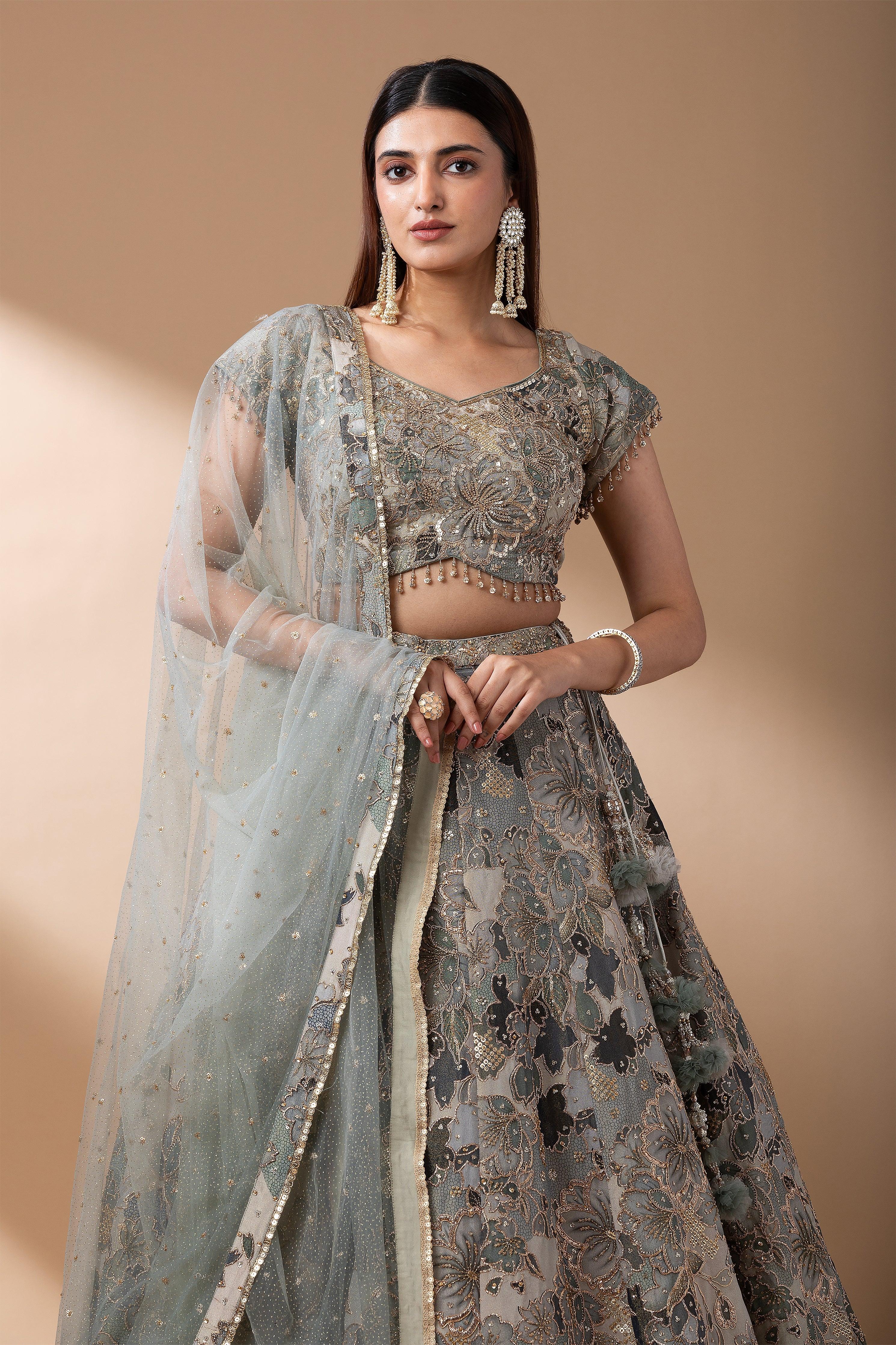Sage Green Floral Embroidered Lehenga Set - Mokshaa