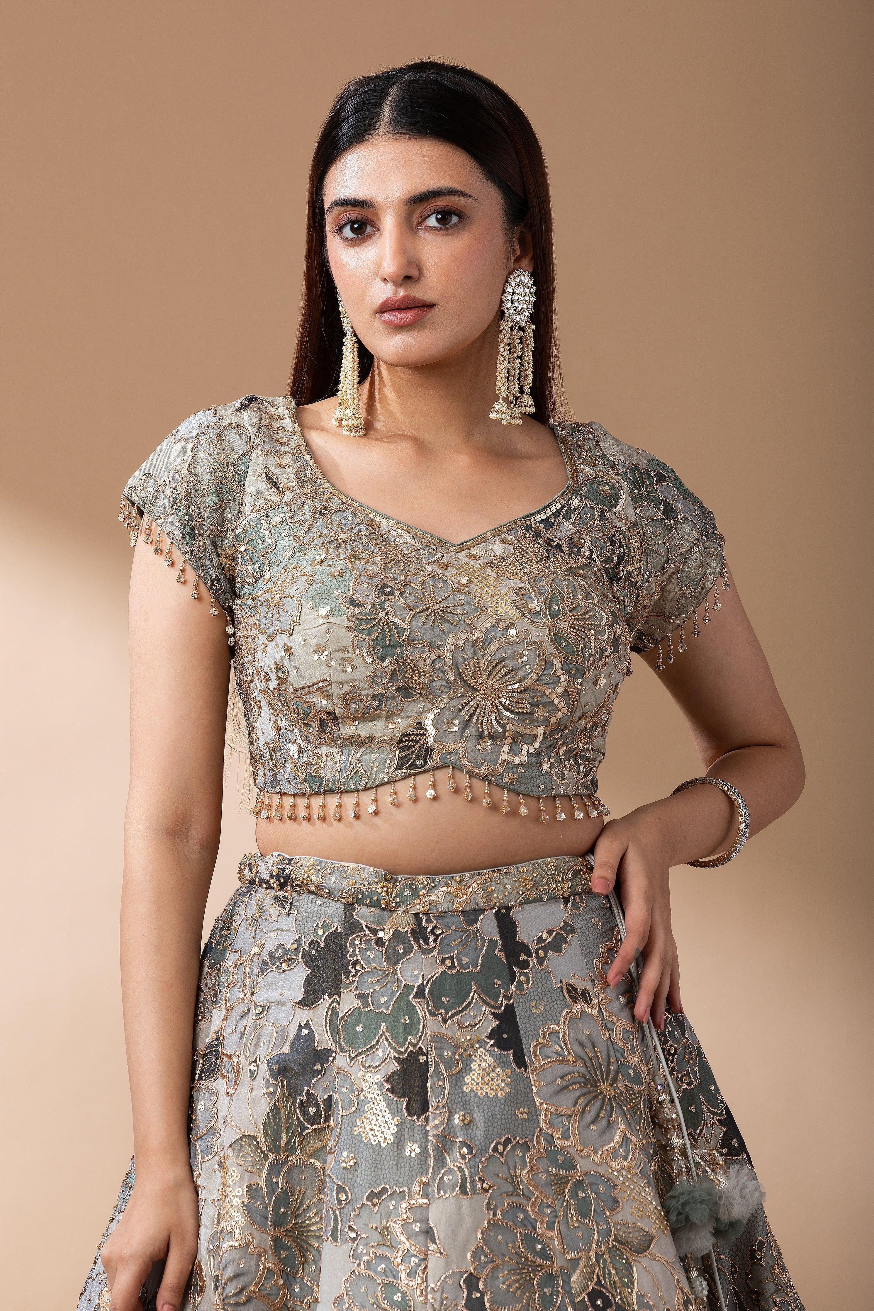 Sage Green Floral Embroidered Lehenga Set - Mokshaa