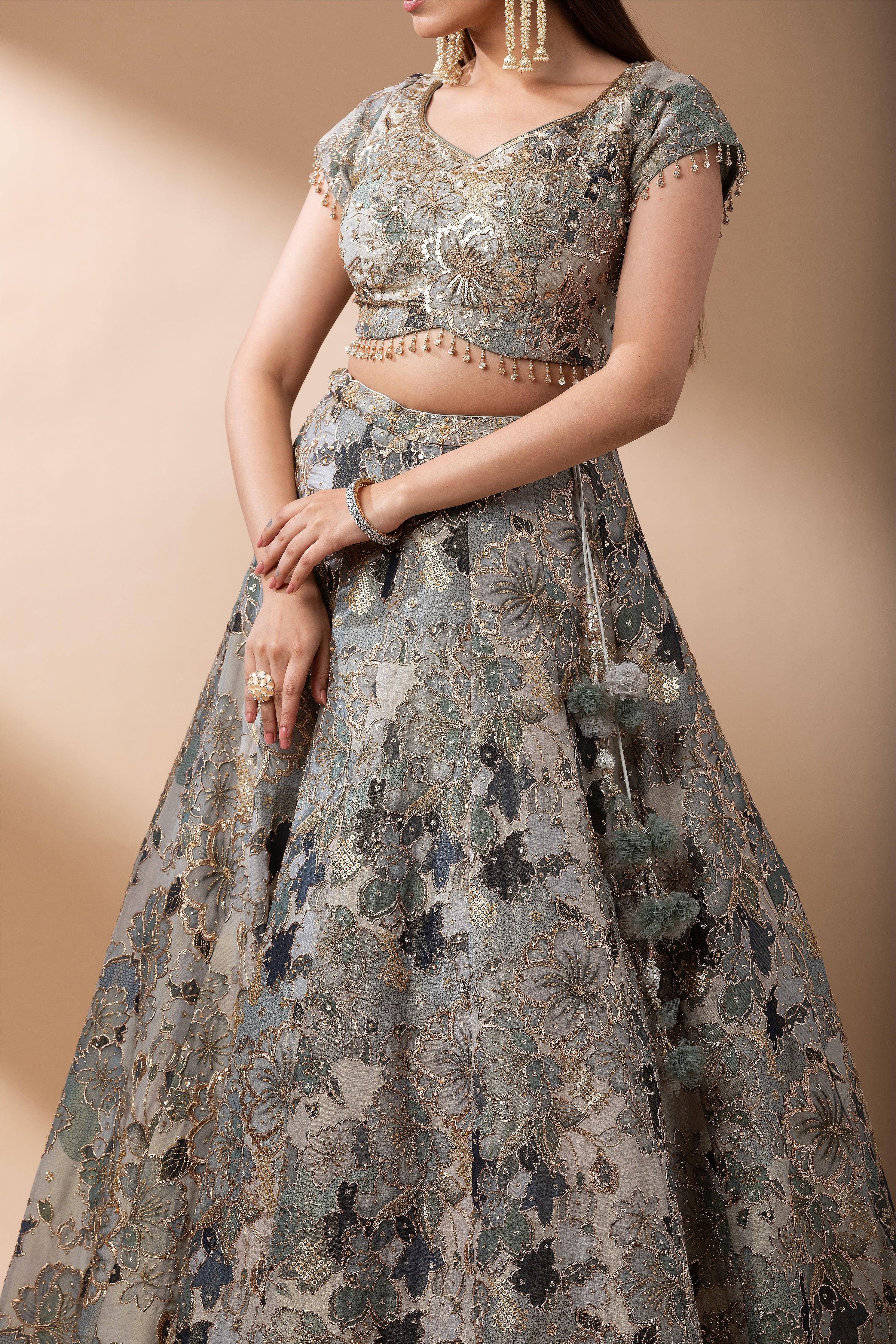 Sage Green Floral Embroidered Lehenga Set - Mokshaa