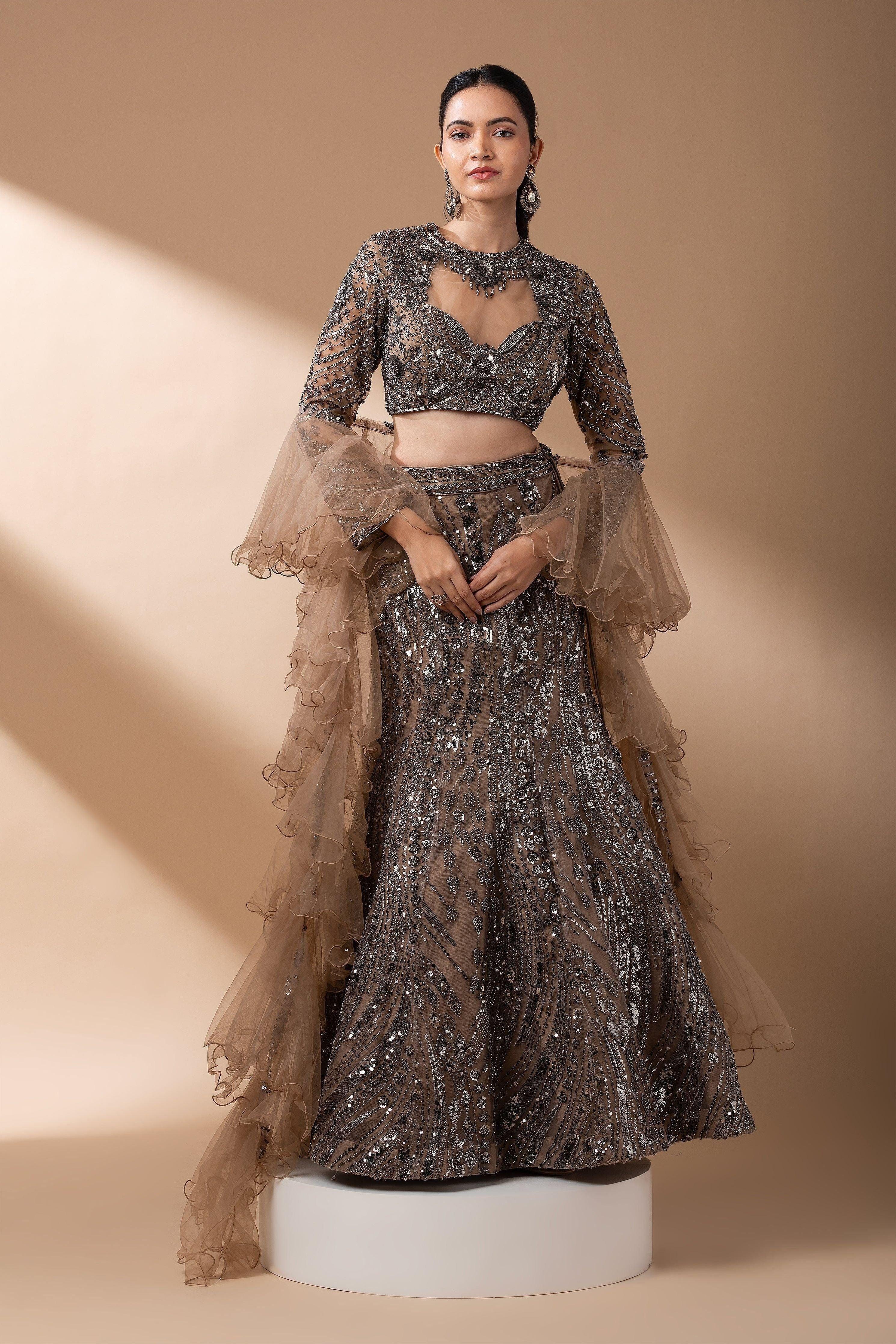 Smoky Bronze Sequined Mermaid Lehenga Set - Mokshaa