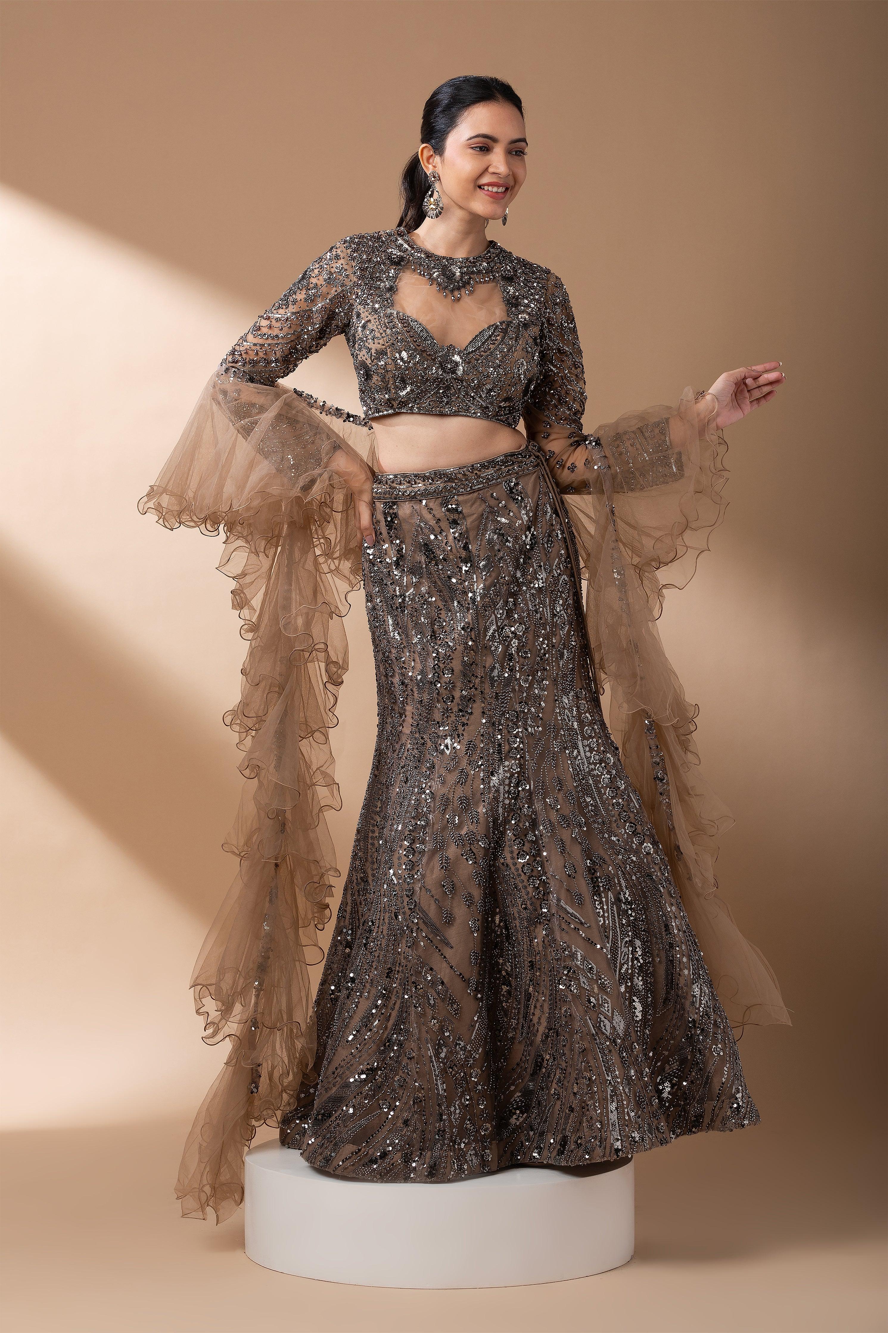 Smoky Bronze Sequined Mermaid Lehenga Set - Mokshaa