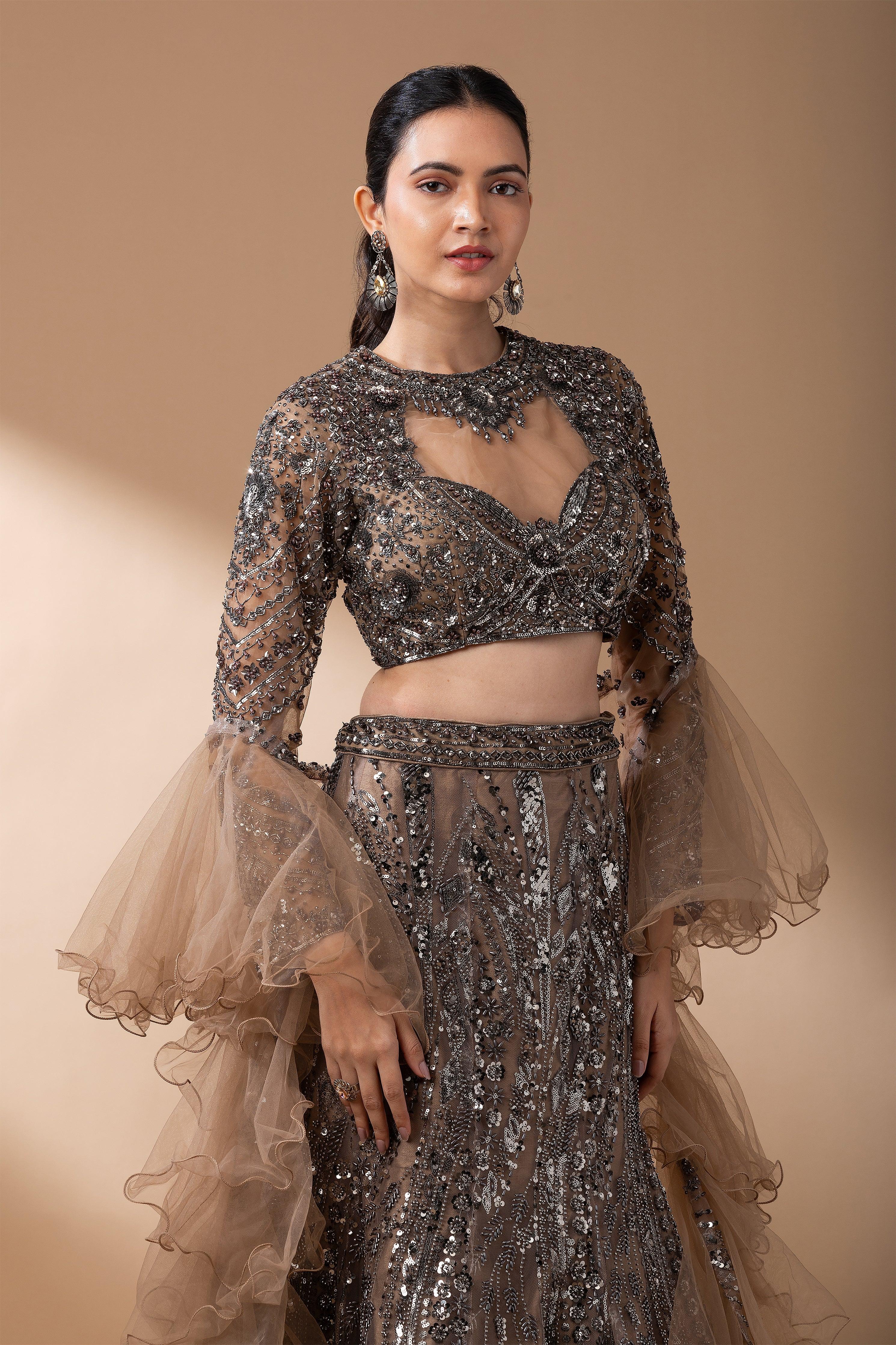 Smoky Bronze Sequined Mermaid Lehenga Set - Mokshaa