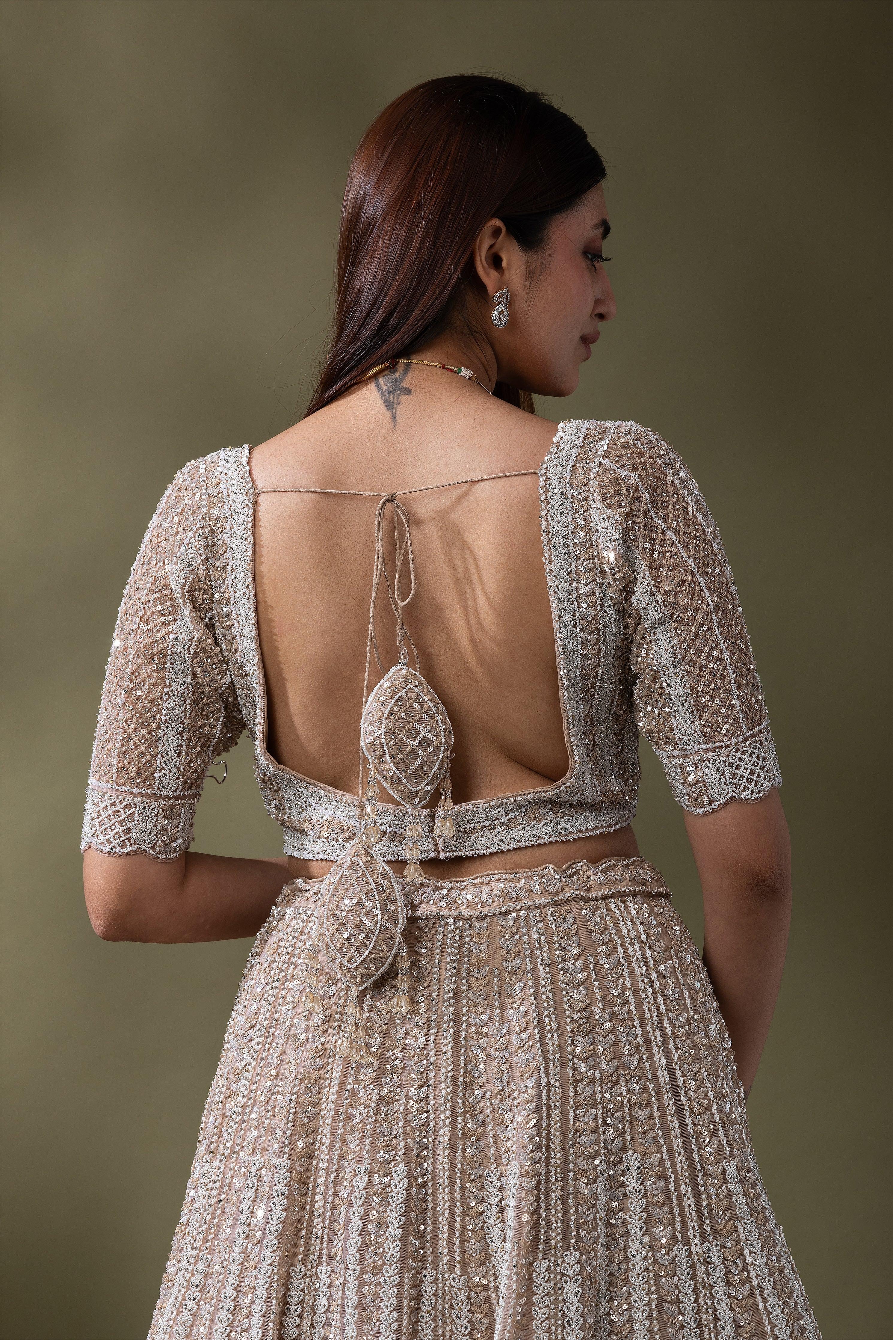 Ivory Sequined Embroidered Lehenga Set - Mokshaa