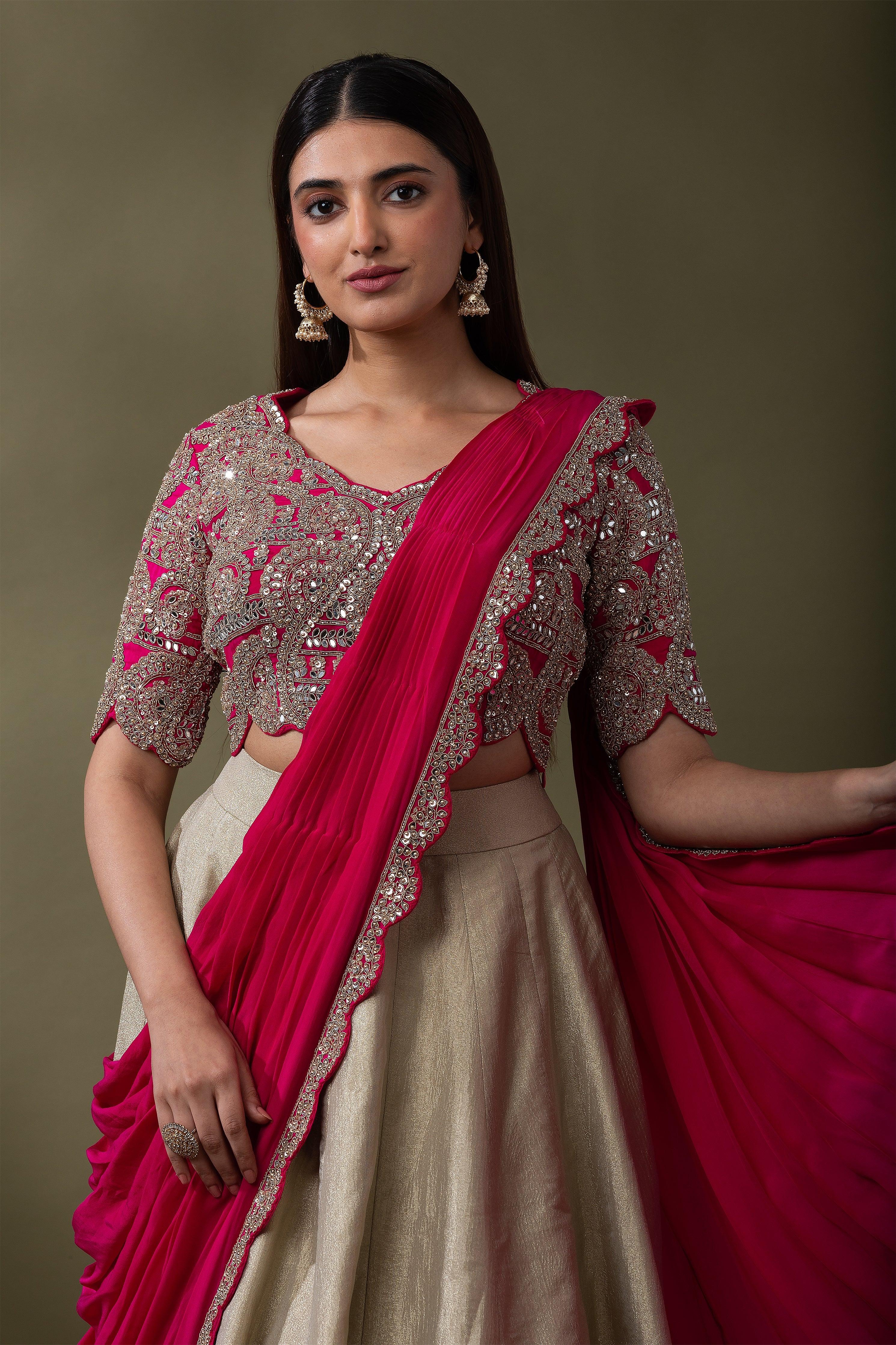 Beige and Fuchsia double drape Lehenga Set - Mokshaa