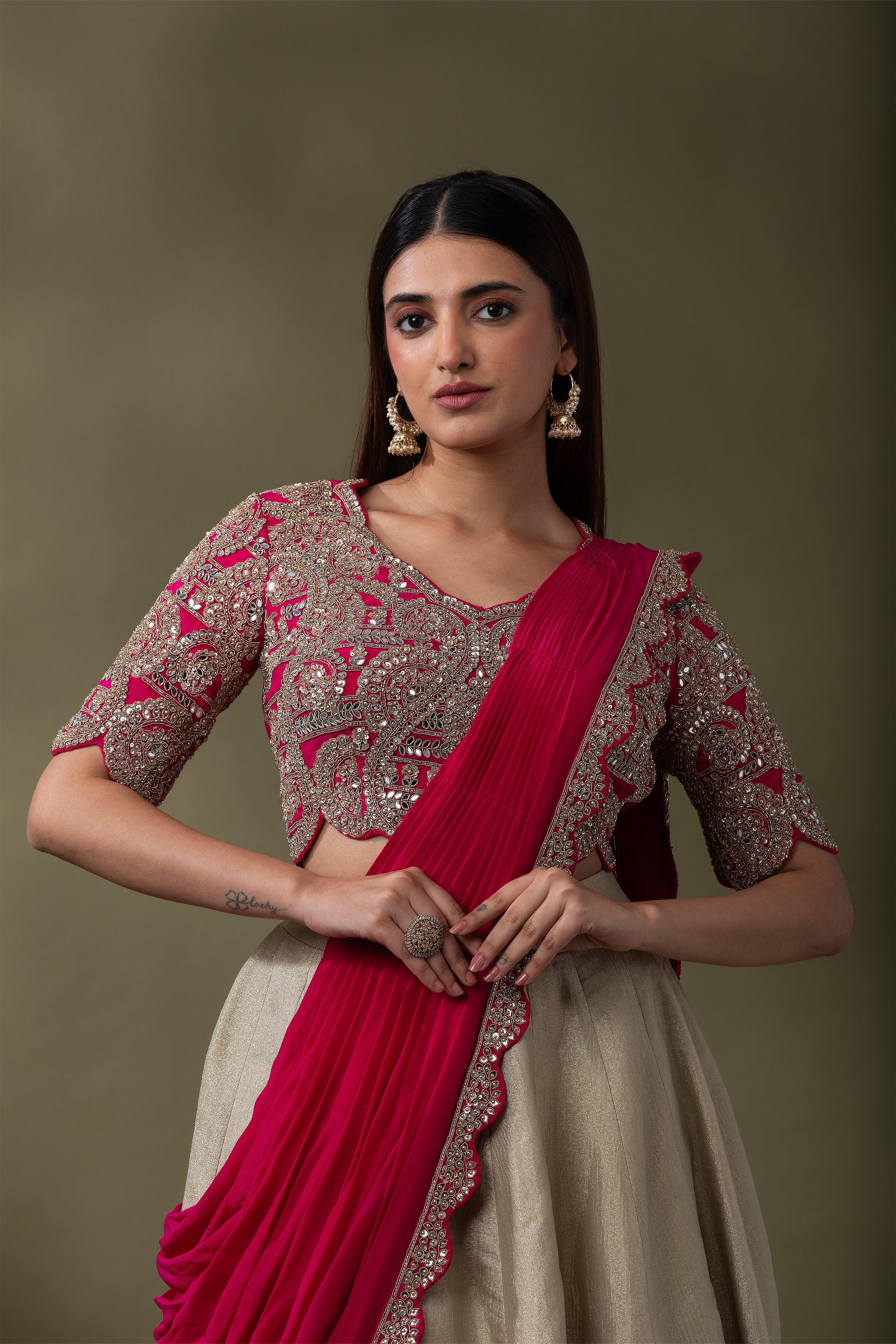 Beige and Fuchsia double drape Lehenga Set - Mokshaa
