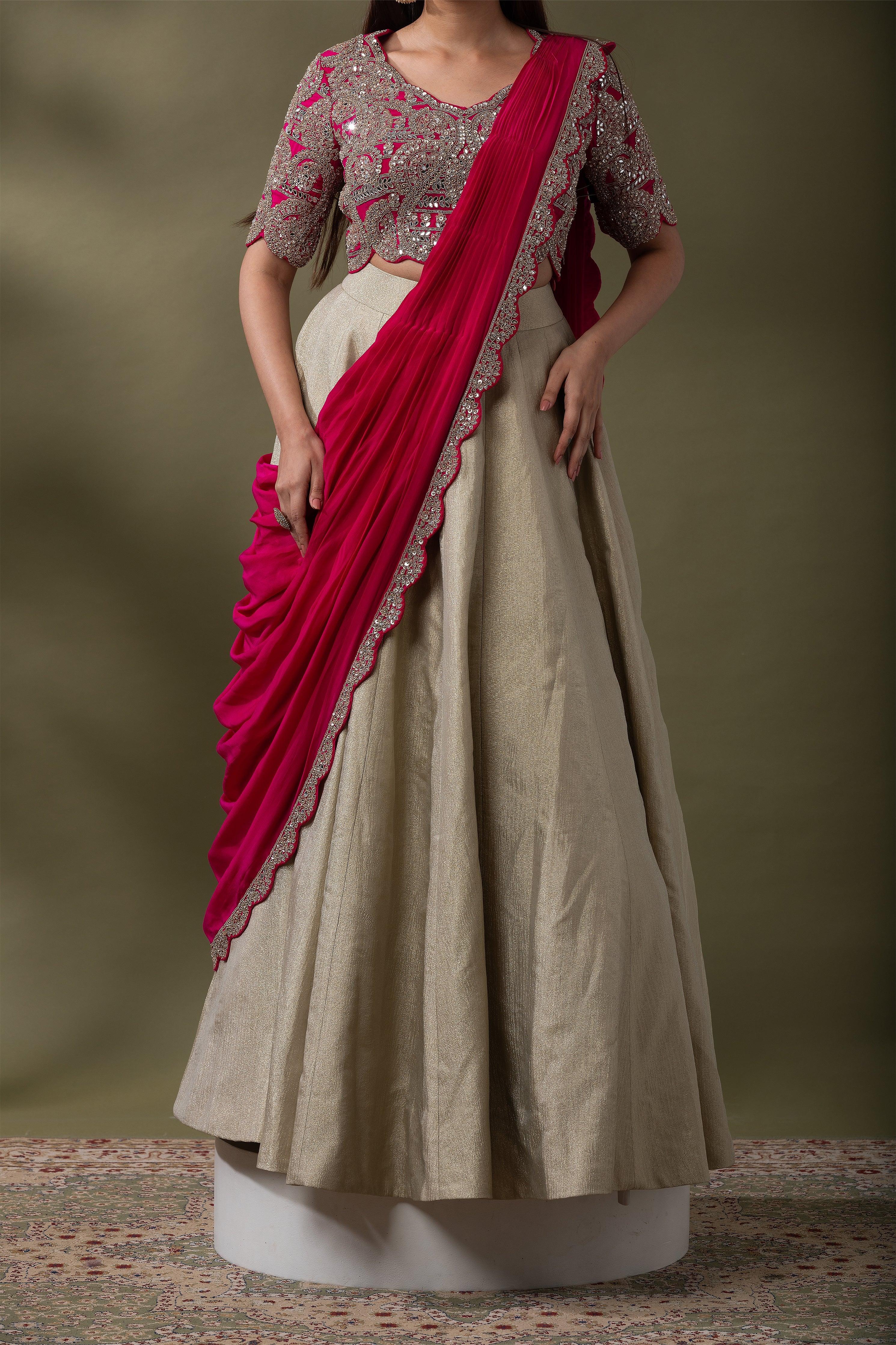 Beige and Fuchsia double drape Lehenga Set - Mokshaa