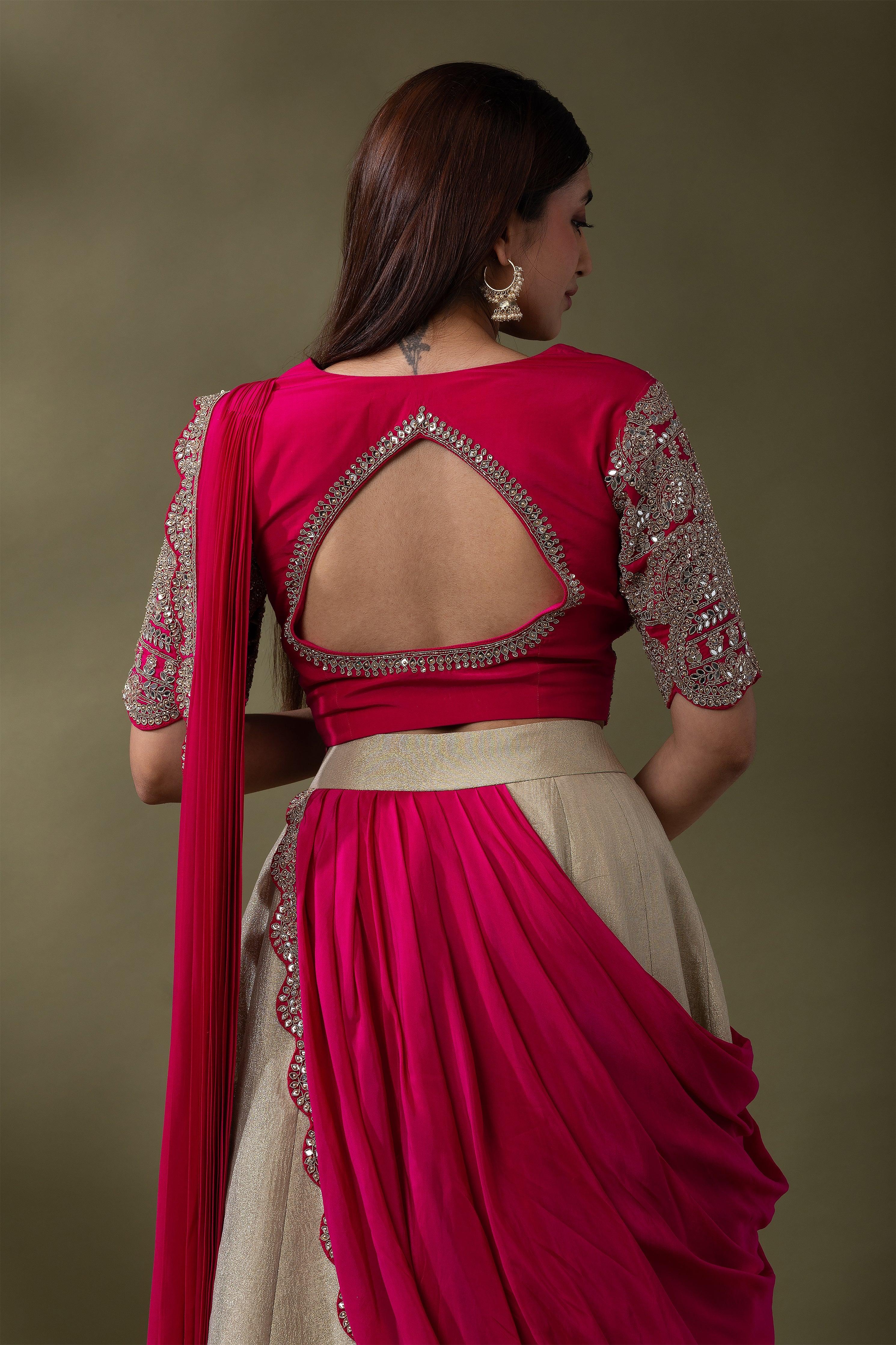 Beige and Fuchsia double drape Lehenga Set - Mokshaa