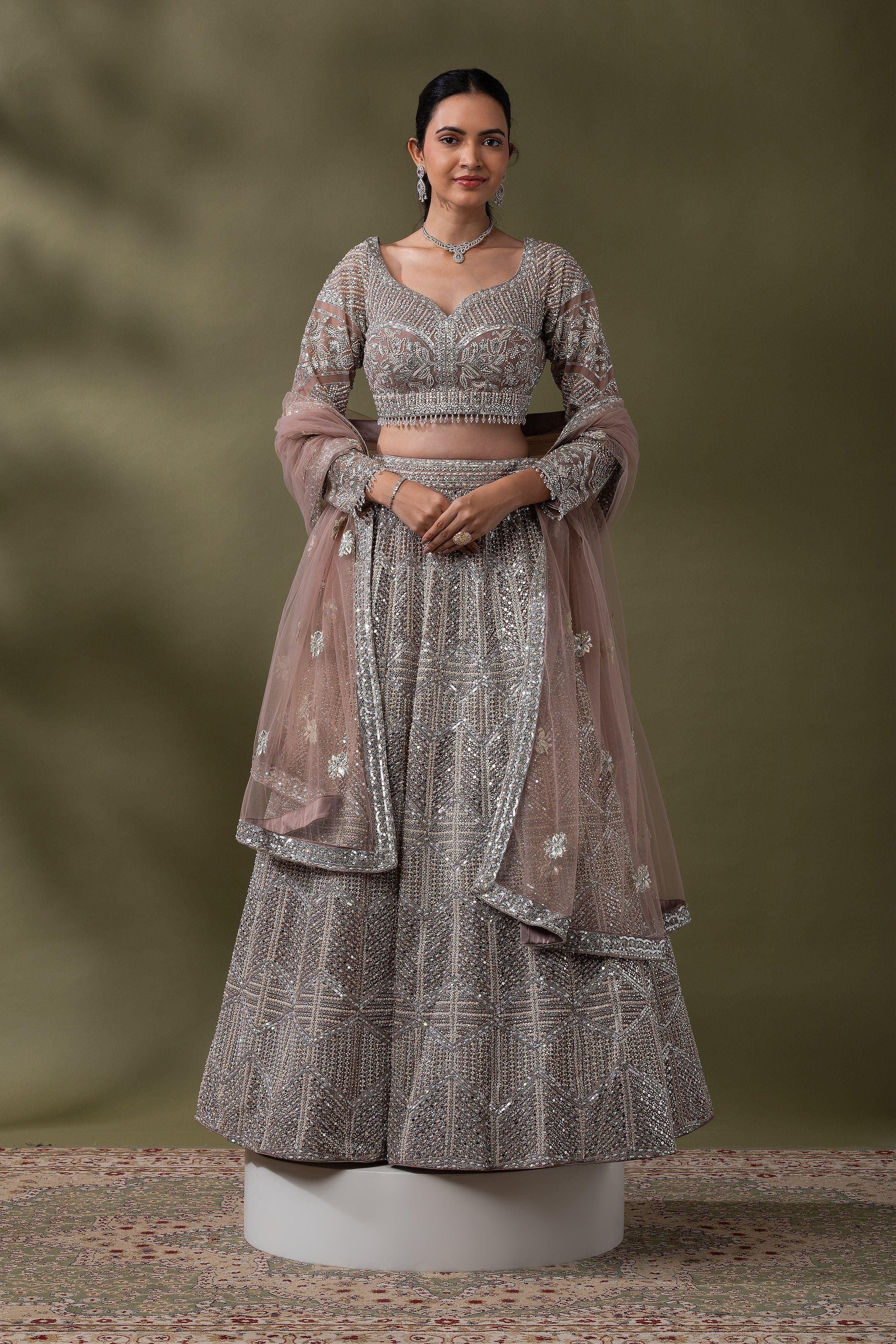 Dusty Rose Sequined Embroidered Lehenga Set - Mokshaa