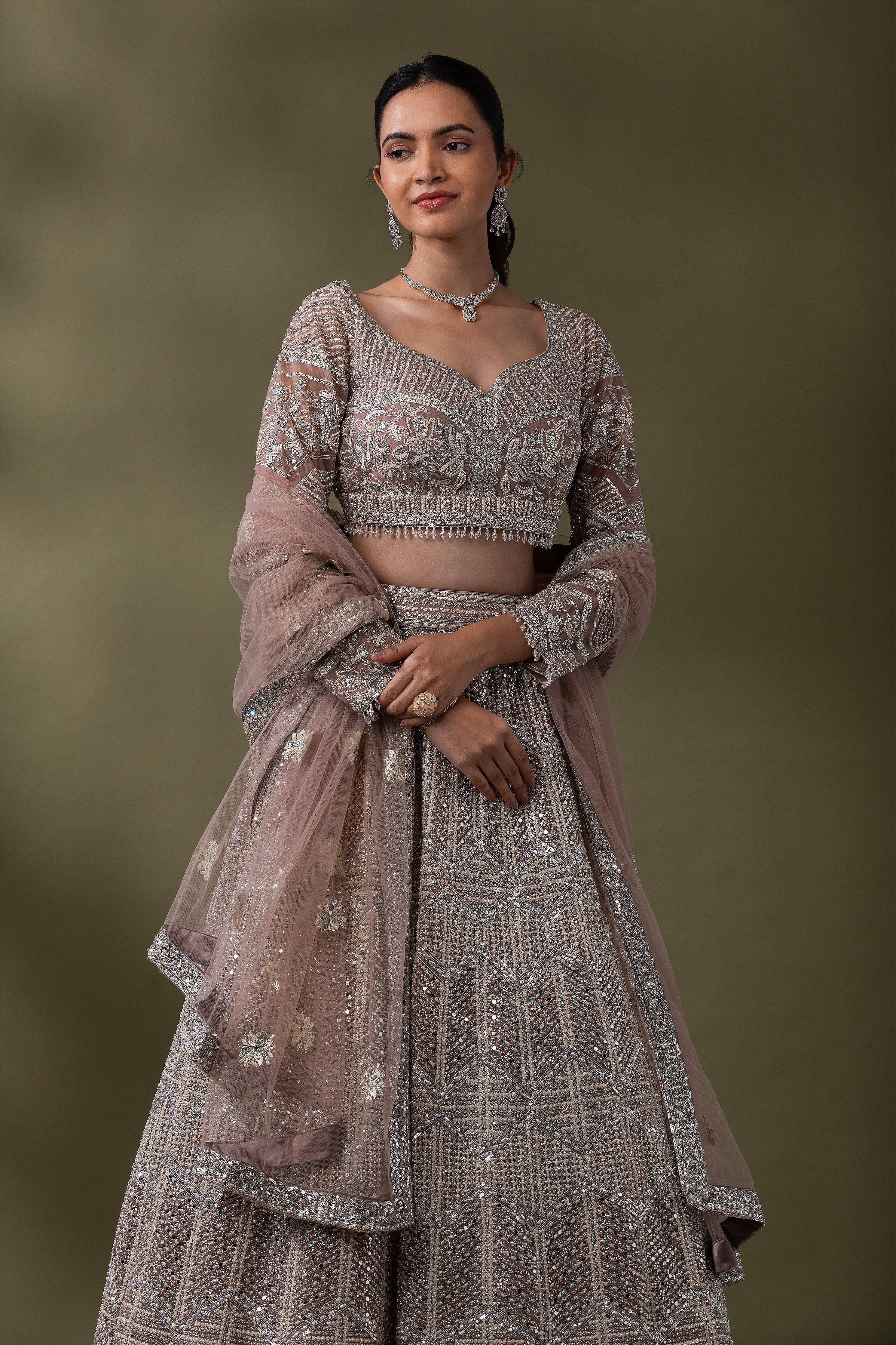 Dusty Rose Sequined Embroidered Lehenga Set - Mokshaa