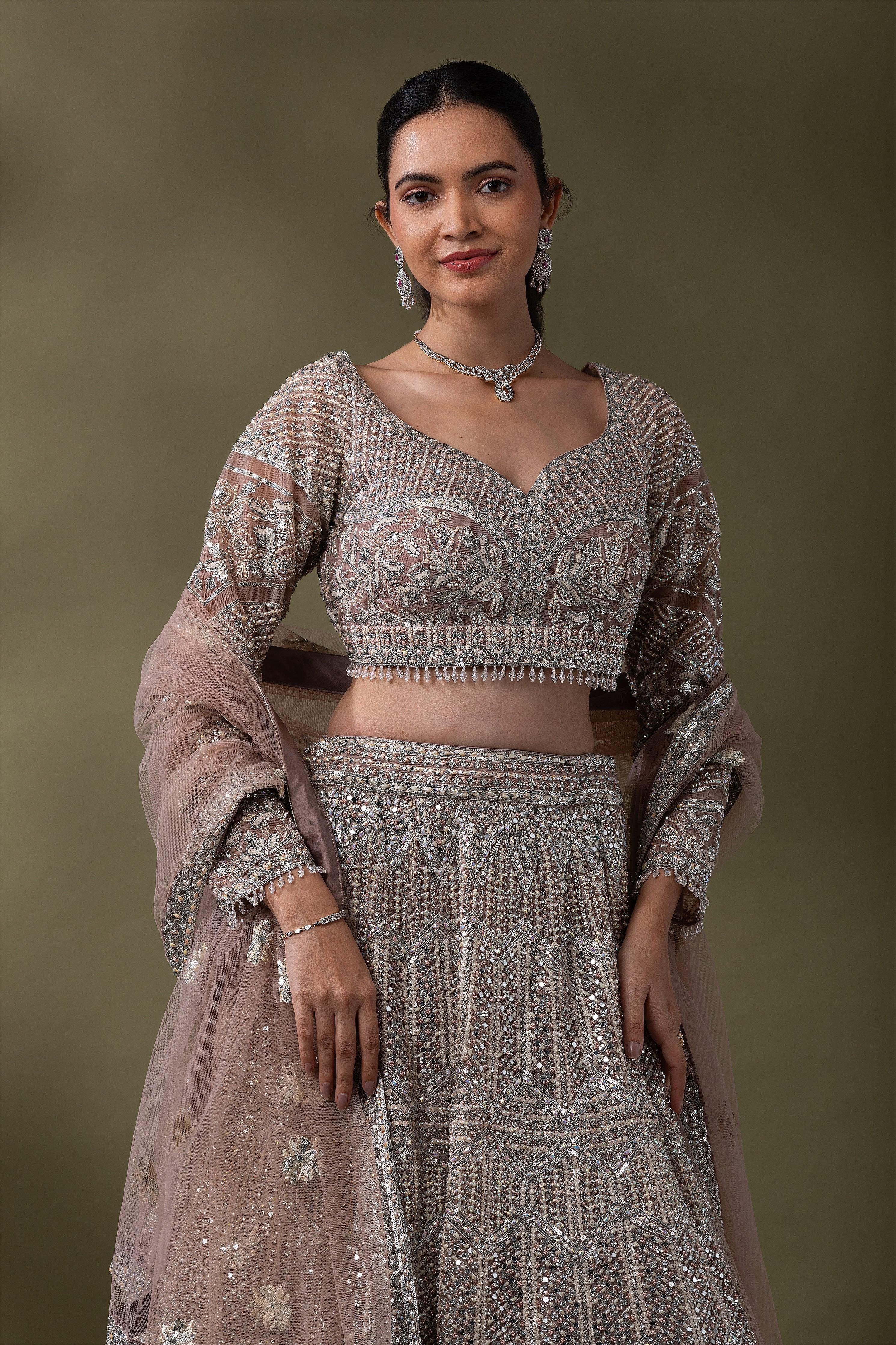 Dusty Rose Sequined Embroidered Lehenga Set - Mokshaa