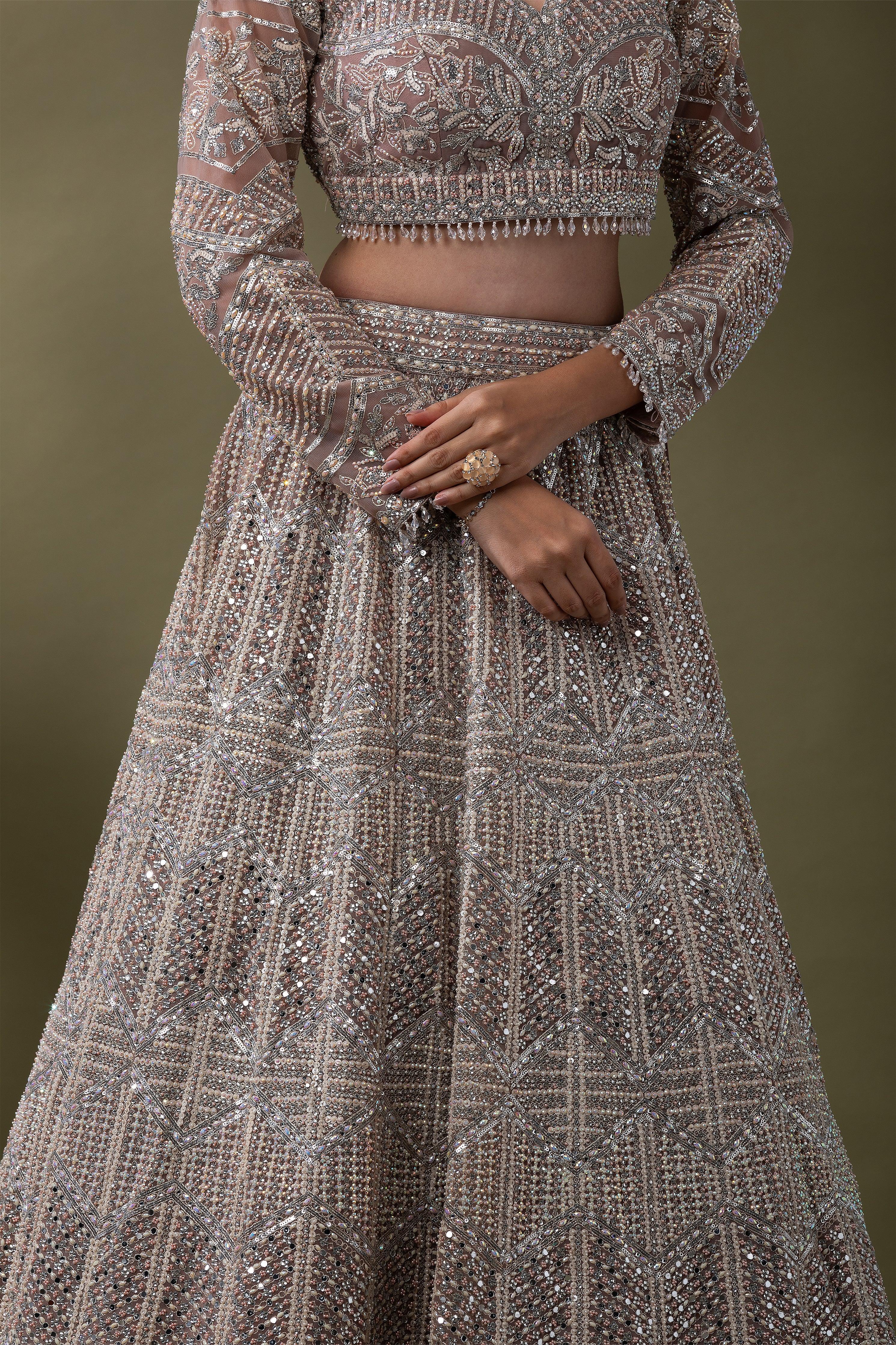 Dusty Rose Sequined Embroidered Lehenga Set - Mokshaa