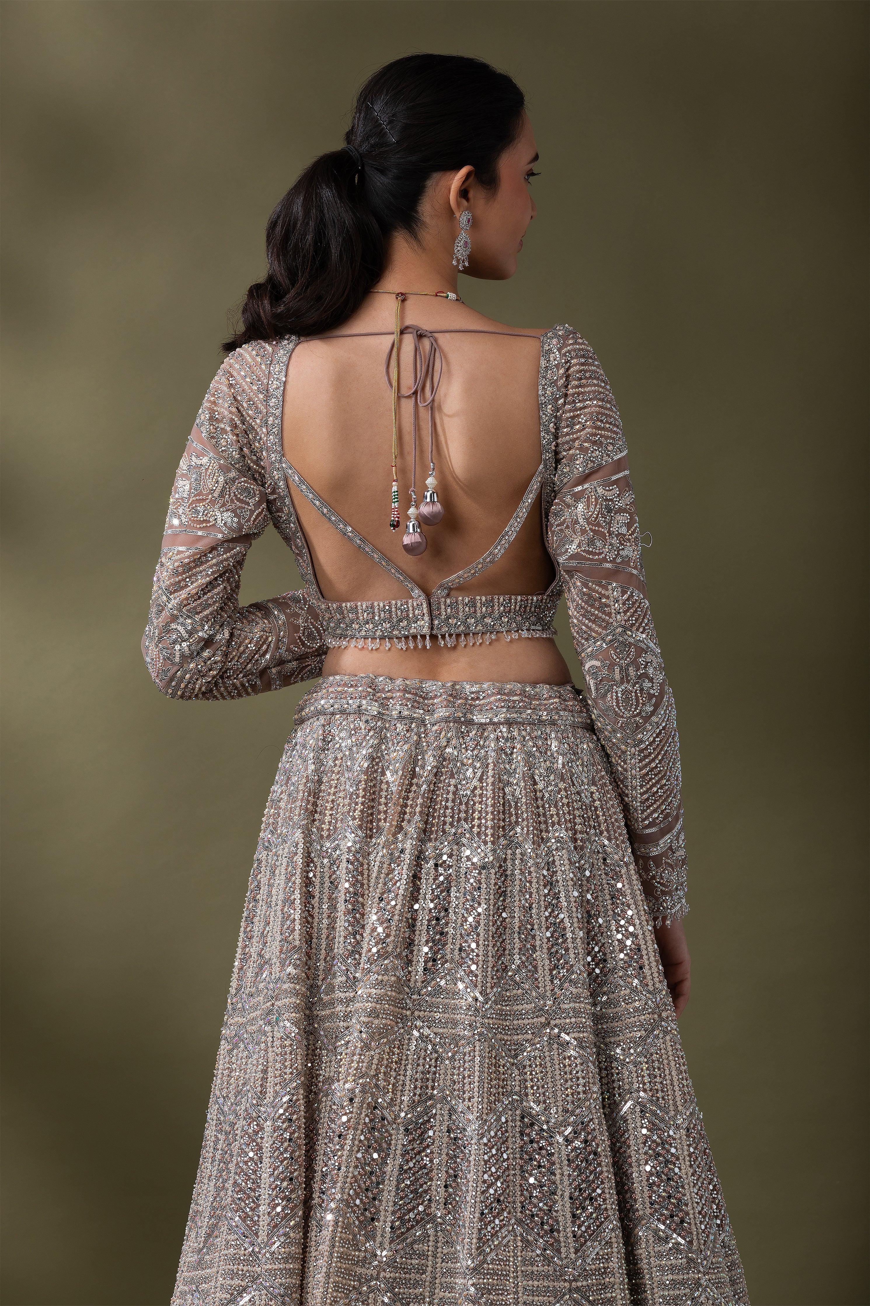 Dusty Rose Sequined Embroidered Lehenga Set - Mokshaa
