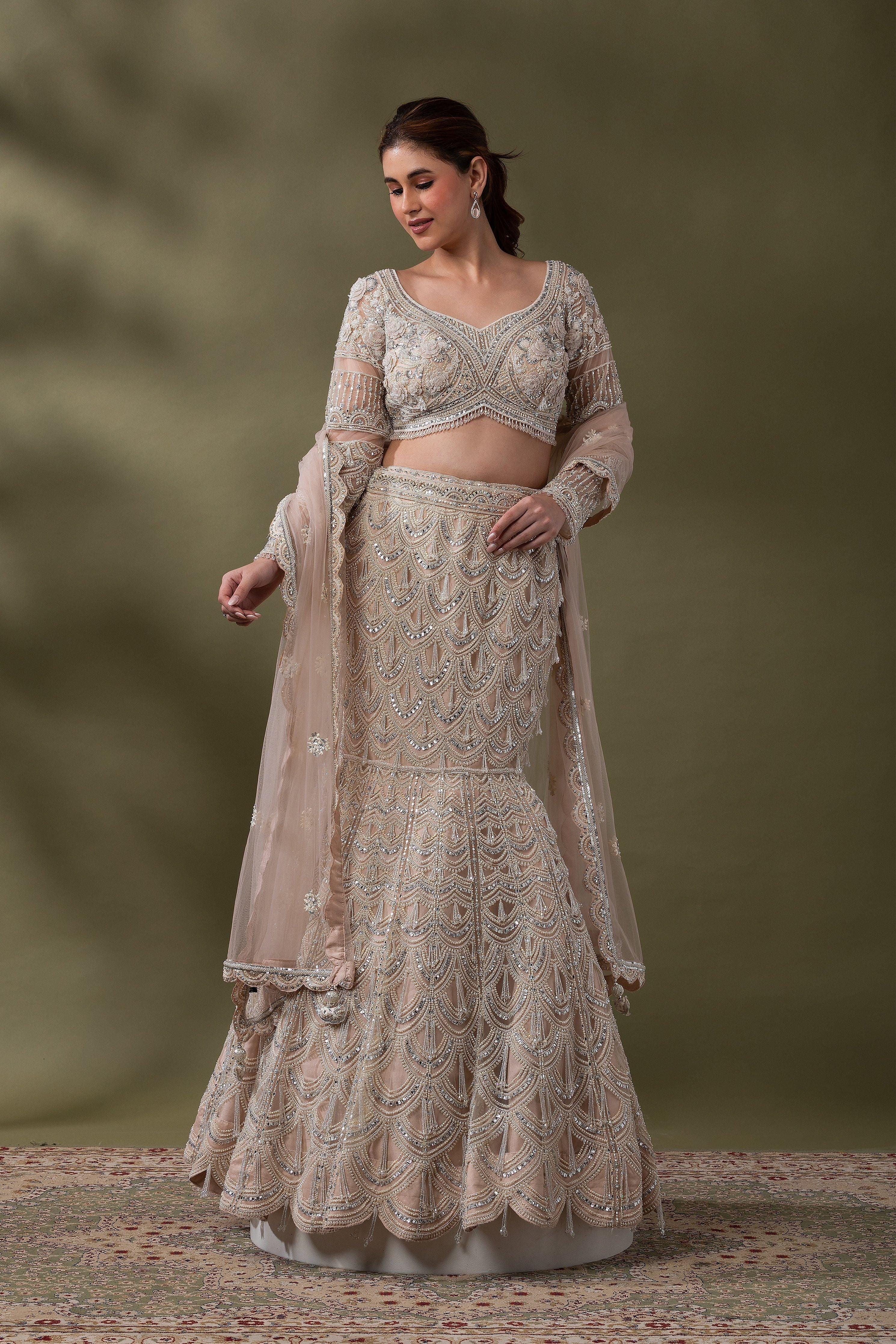 Champagne Embroidered Mermaid Lehenga Set - Mokshaa