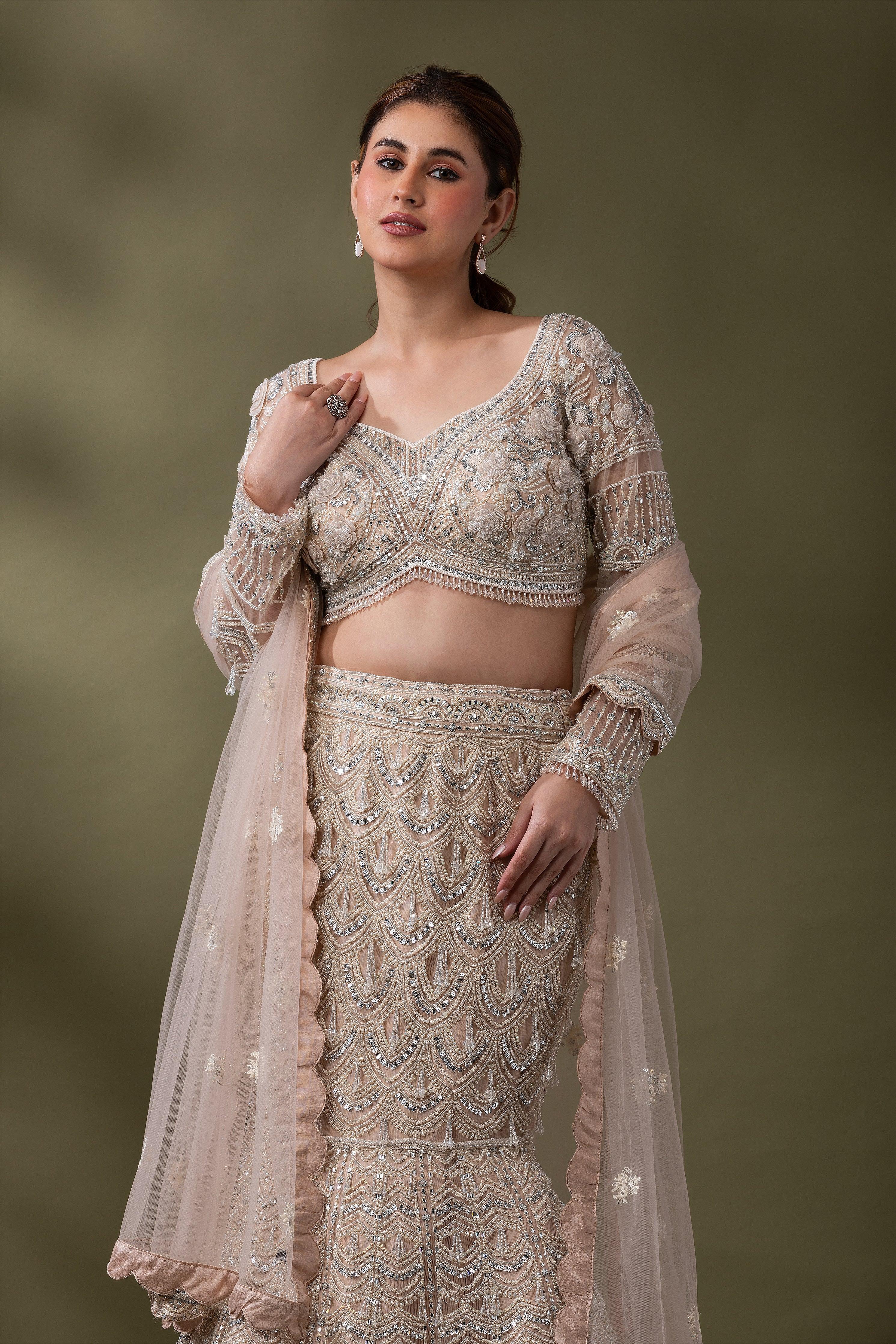 Champagne Embroidered Mermaid Lehenga Set - Mokshaa