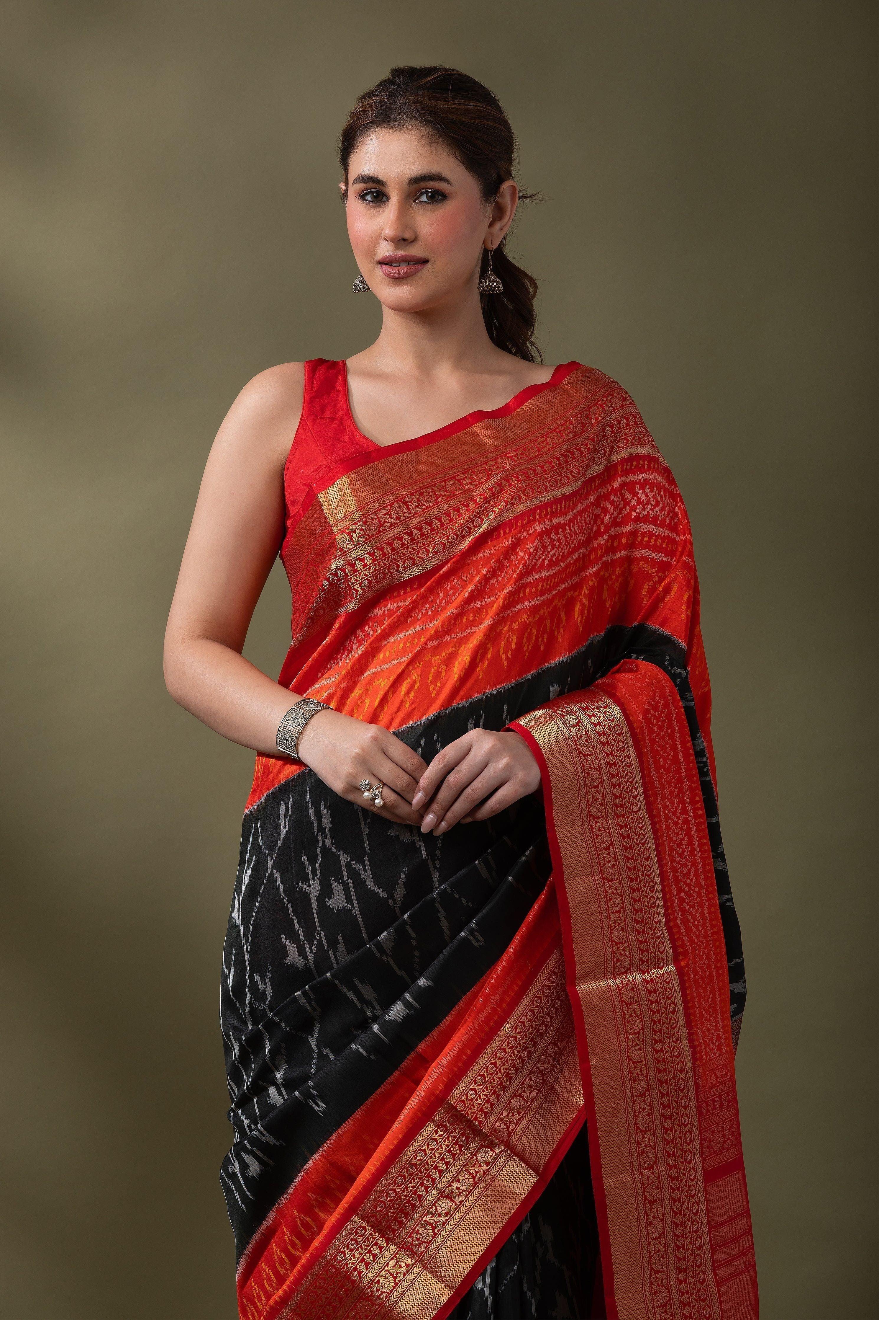Fiery Red and Black Ikat Silk Saree - Mokshaa