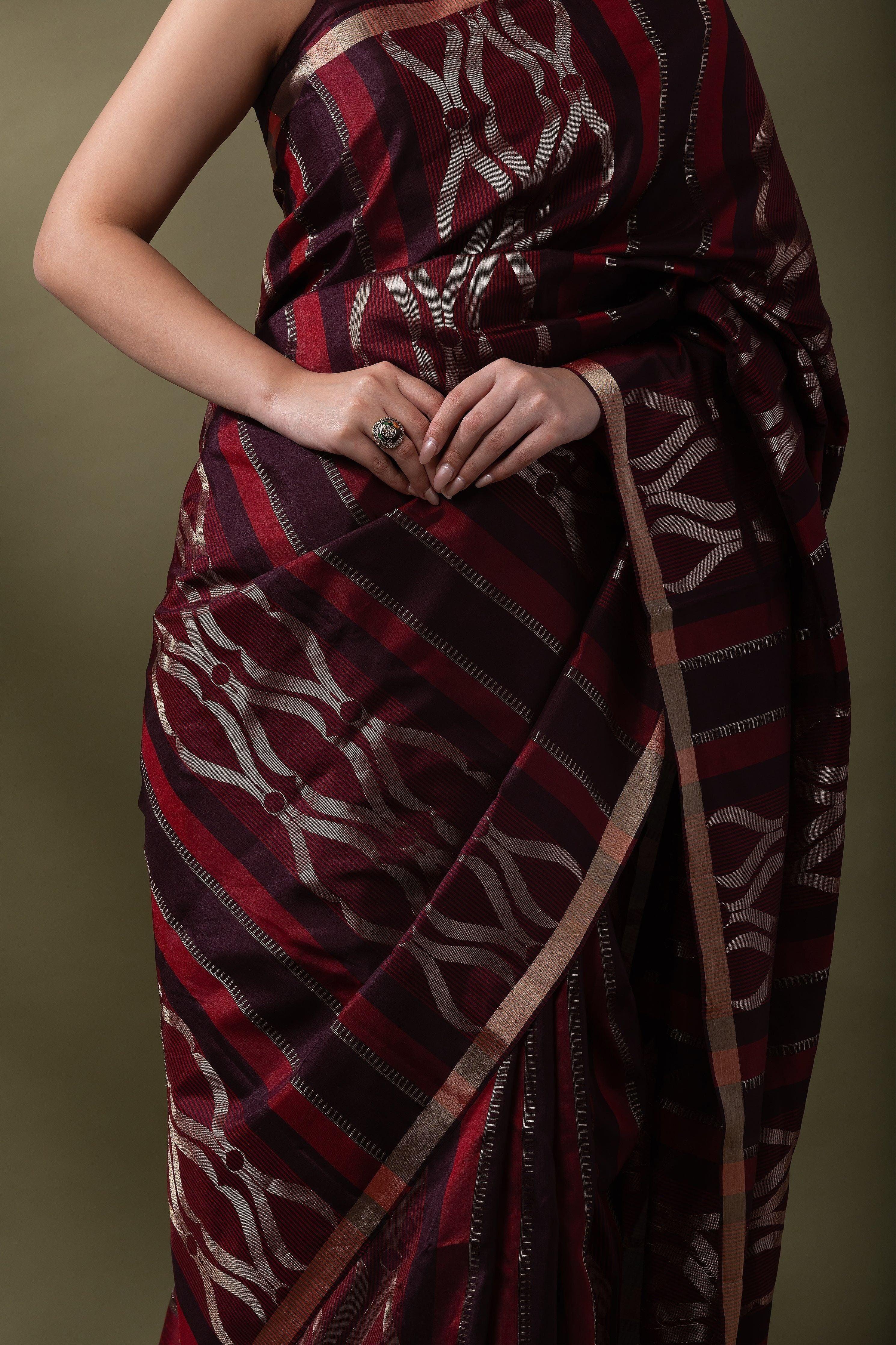 Brown & Maroon Soft Silk Saree - Mokshaa