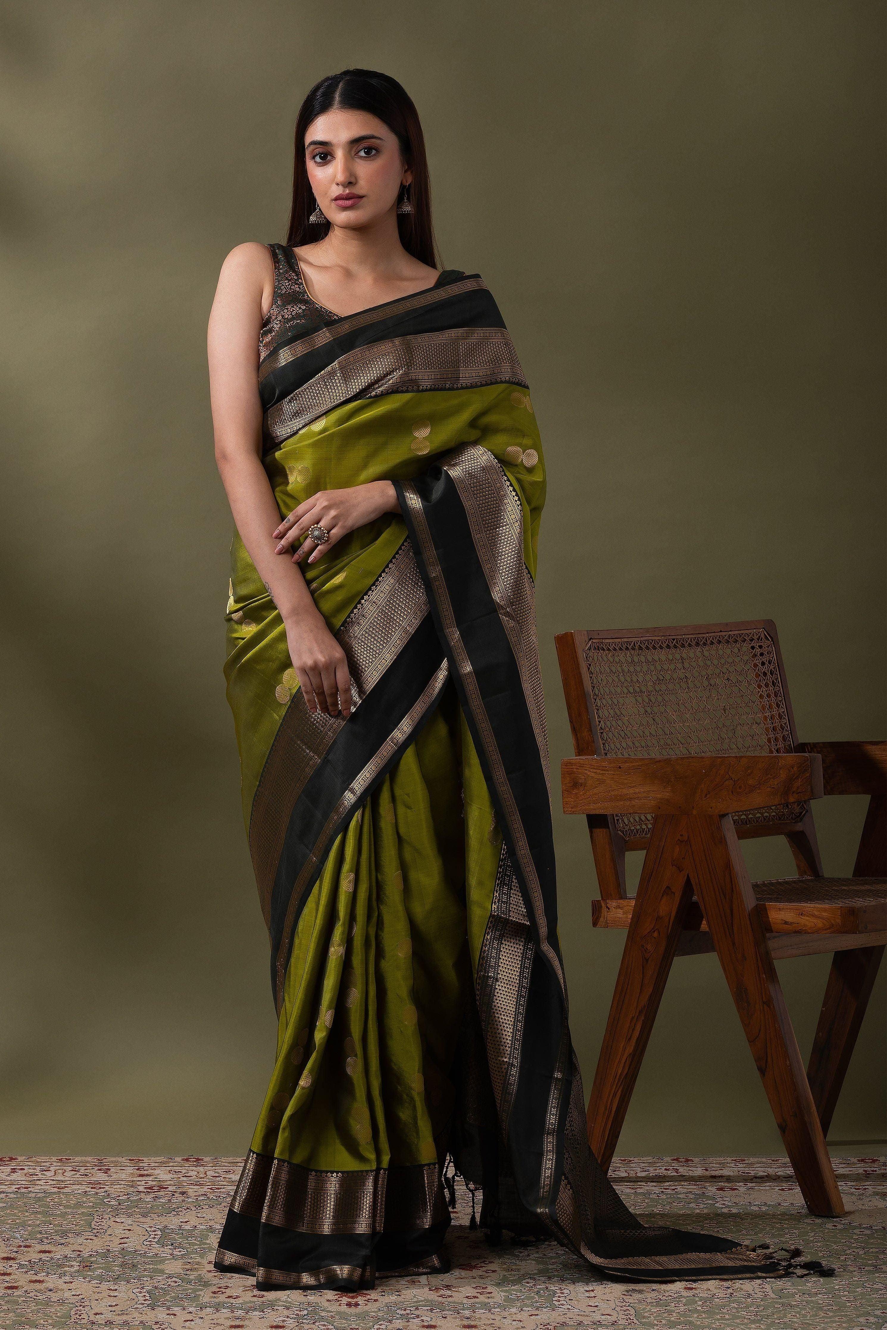 Green and Black Soft Silk Saree - Mokshaa