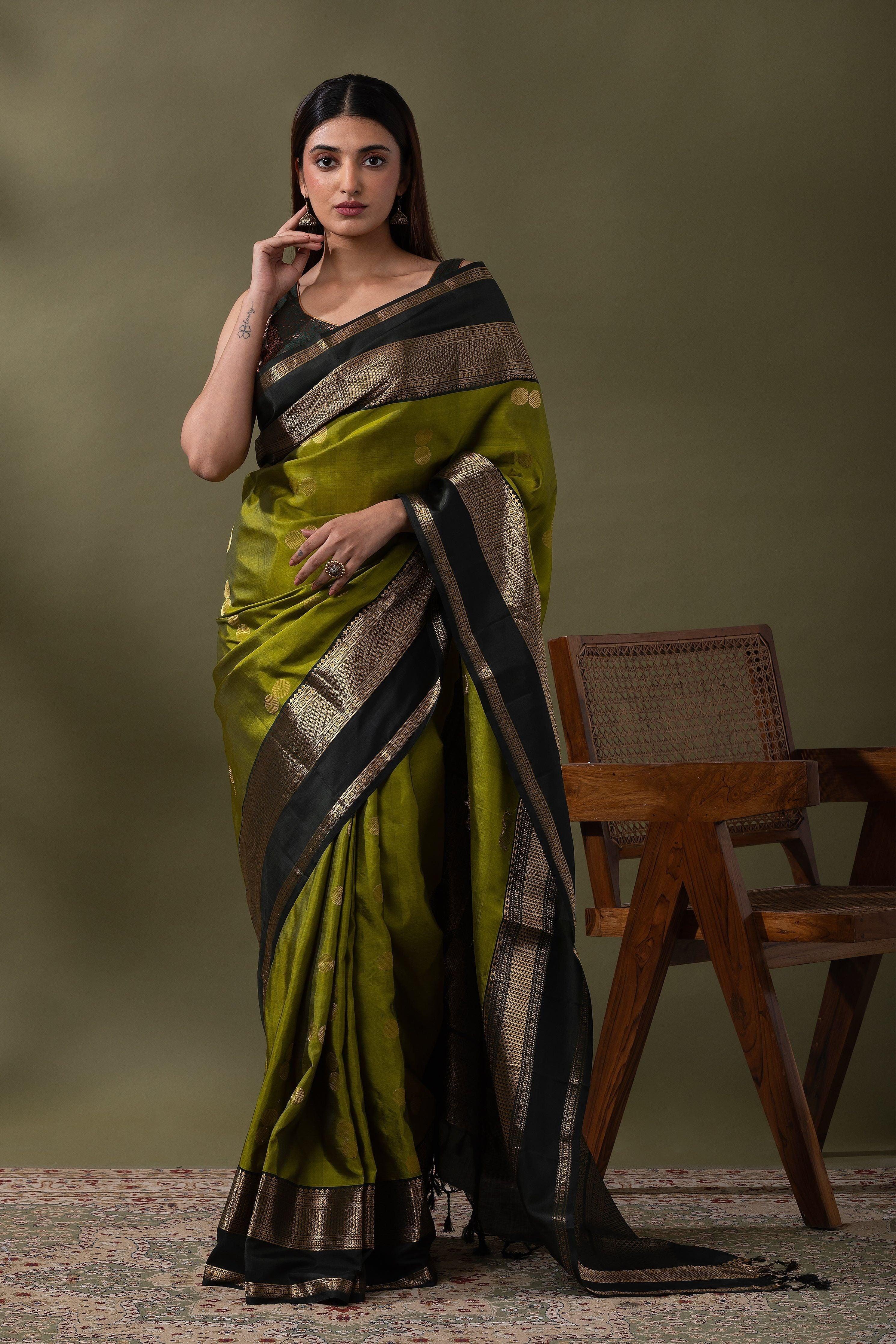 Green and Black Soft Silk Saree - Mokshaa
