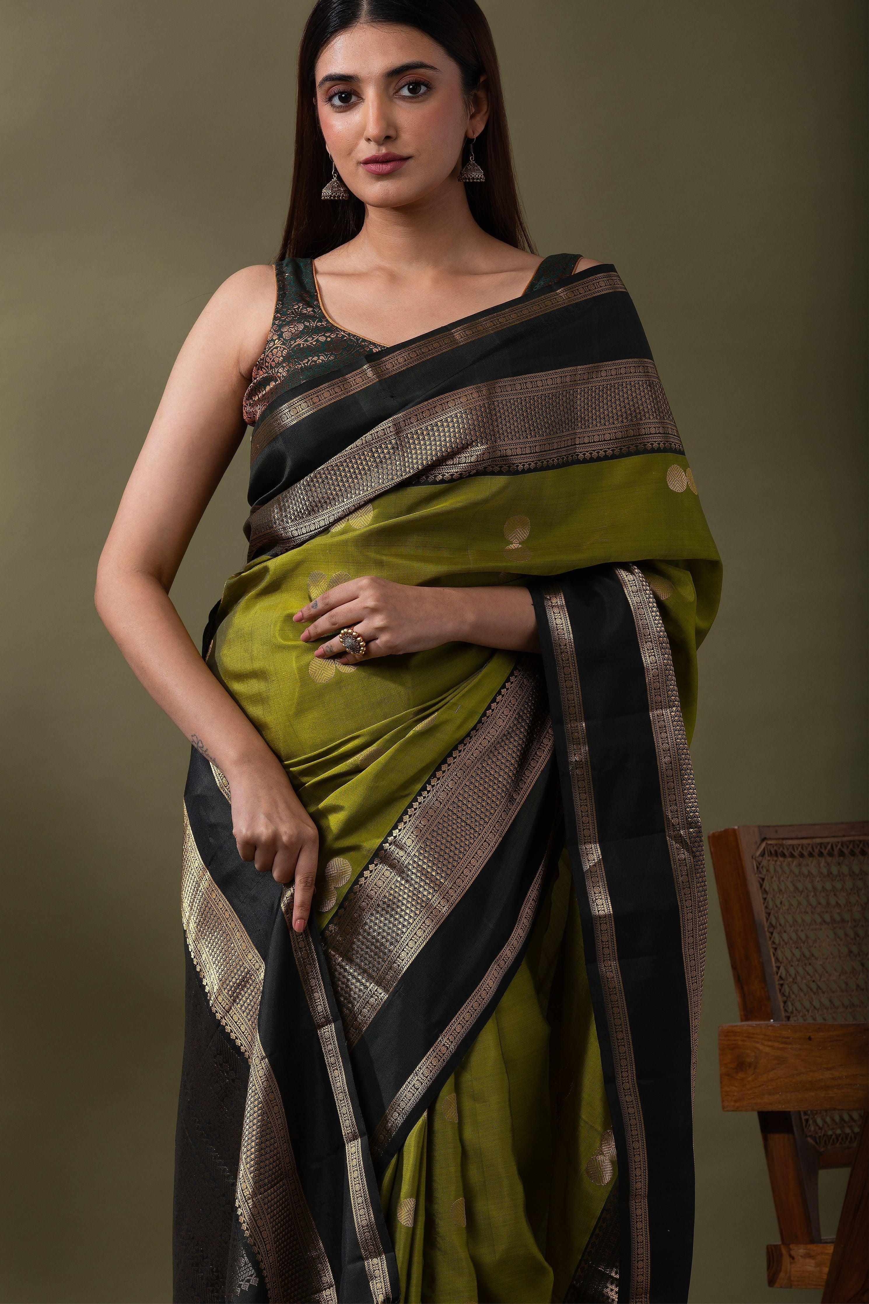 Green and Black Soft Silk Saree - Mokshaa