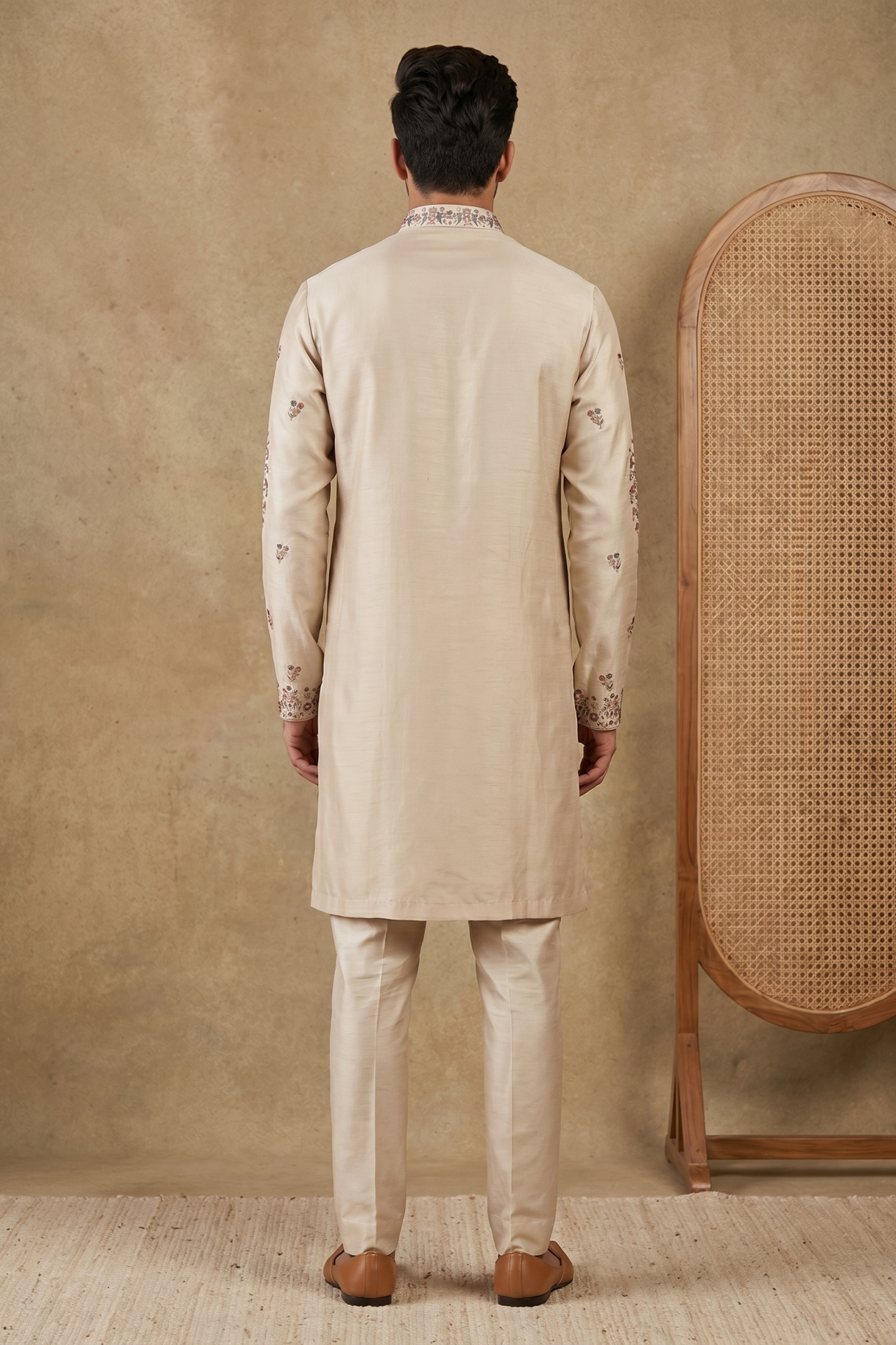 Cream Nysa Silk Kurta Set with Multicolour Thread Embroidery