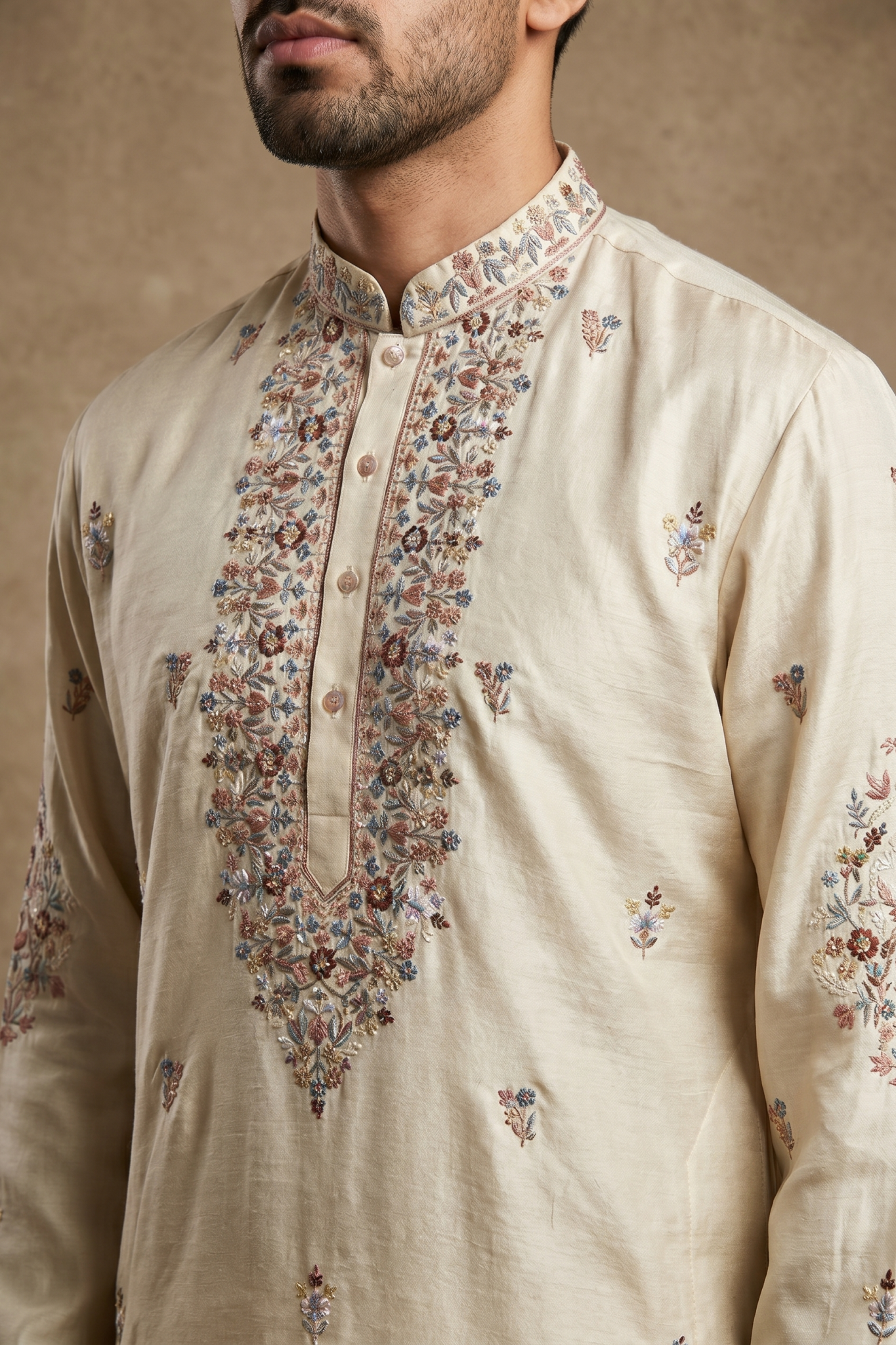 Cream Nysa Silk Kurta Set with Multicolour Thread Embroidery