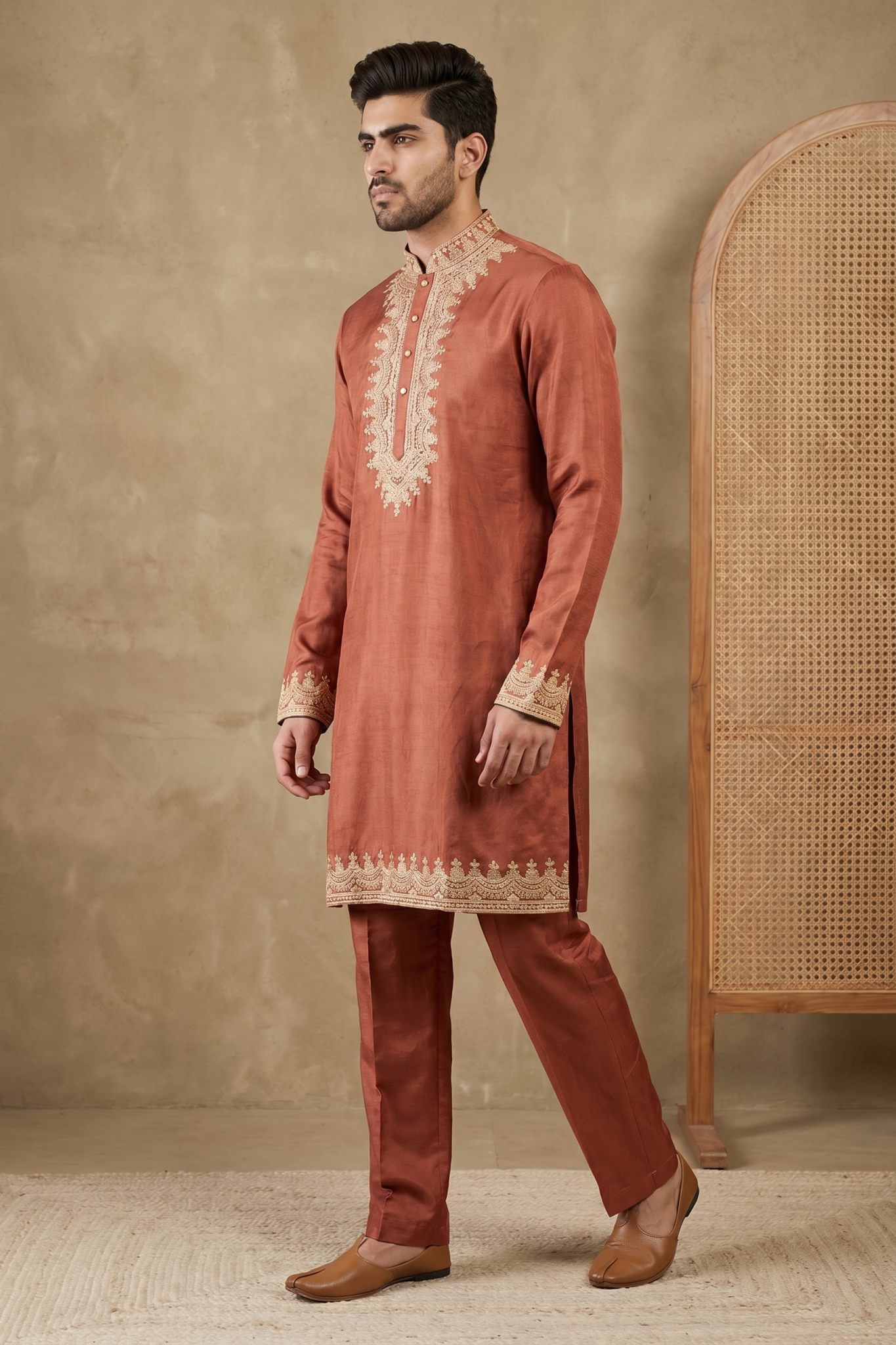 Rust Nysa Silk Kurta Set with Zari Work