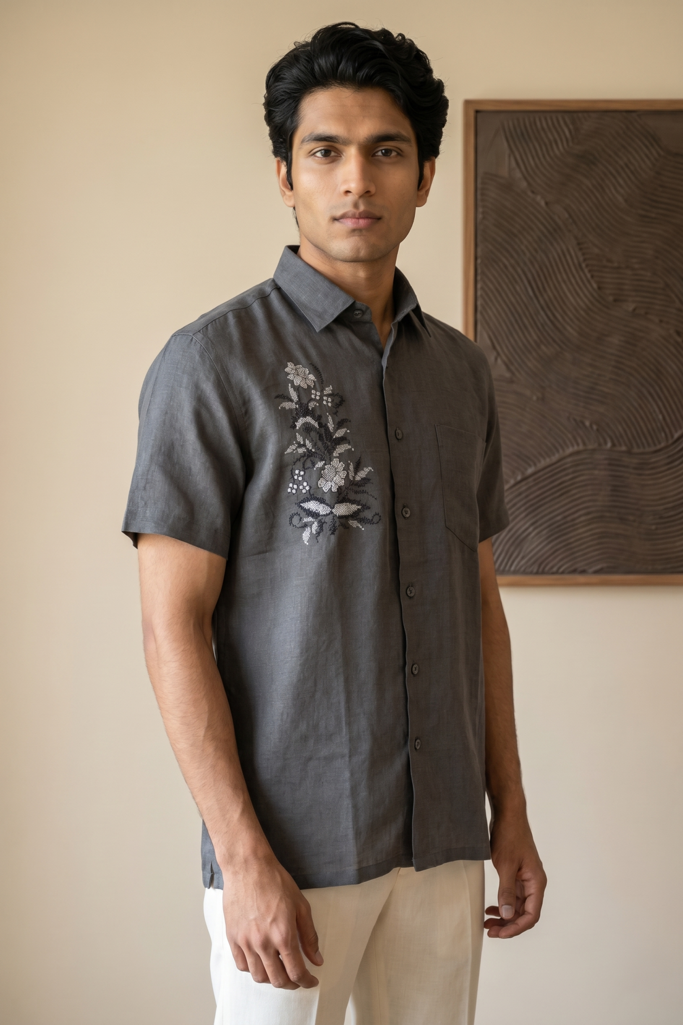 Grey Linen Shirt with Thread Work