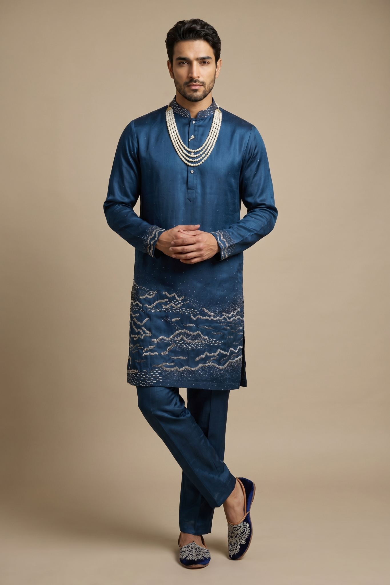 Teal Blue Nysa Silk Kurta Set with Kutdana and Sequin Work