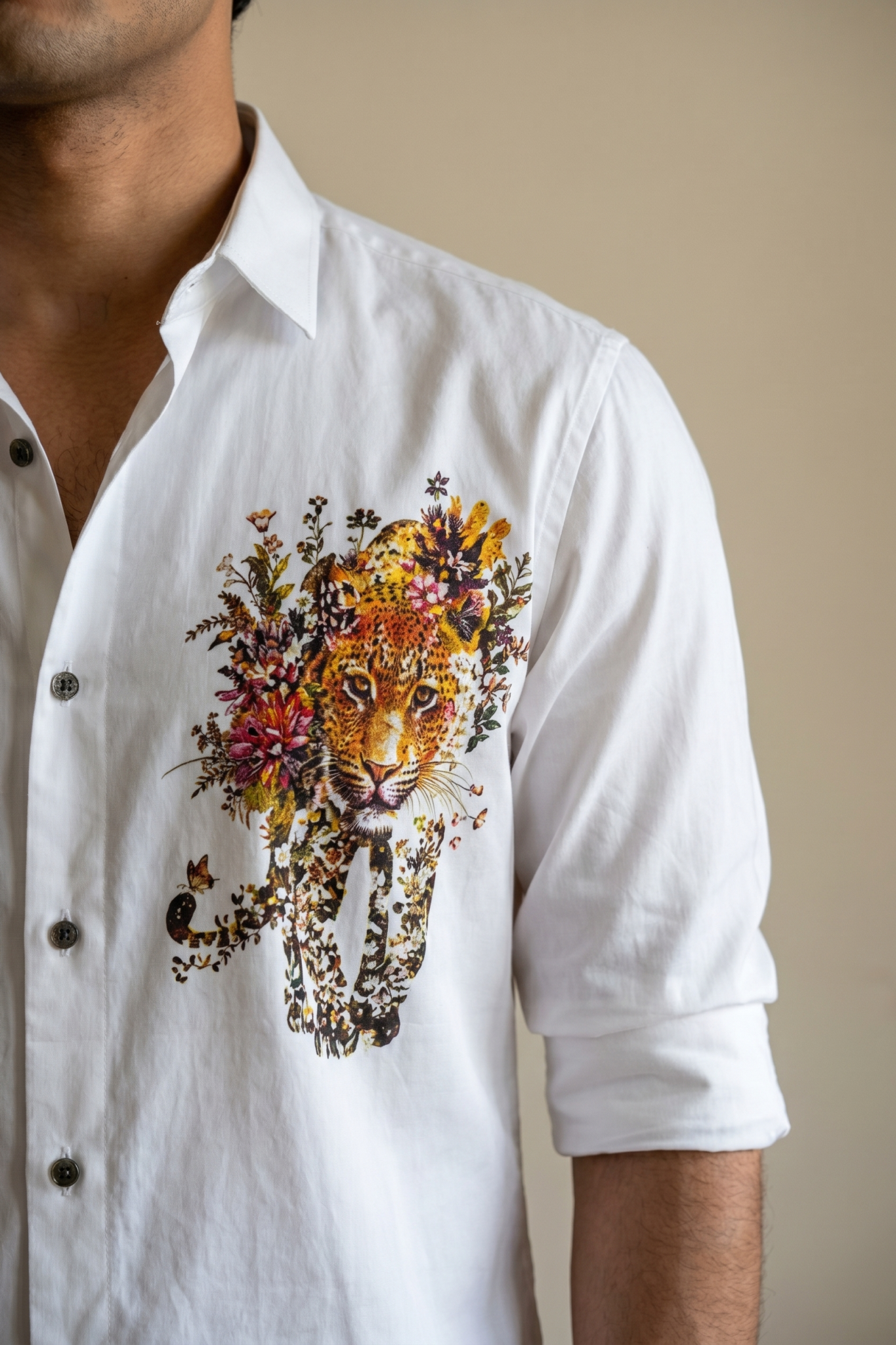 White Cotton Shirt with Lion Print and Pearl Work